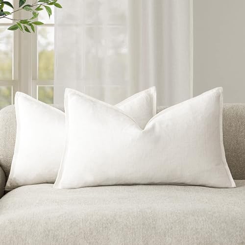 Foindtower Set of 2, Decorative Linen Soild Throw Pillow Covers Soft Accent Cushion Euro Case Boho Farmhouse Pillowcase for Chair Couch Sofa Bedroom Living Room Home Decor 20 x 20 Inch Natural Linen