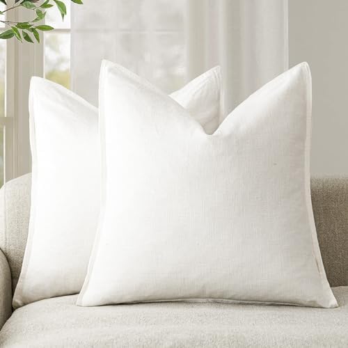 Foindtower Set of 2, Decorative Linen Soild Throw Pillow Covers Soft Accent Cushion Euro Case Boho Farmhouse Pillowcase for Chair Couch Sofa Bedroom Living Room Home Decor 20 x 20 Inch Natural Linen
