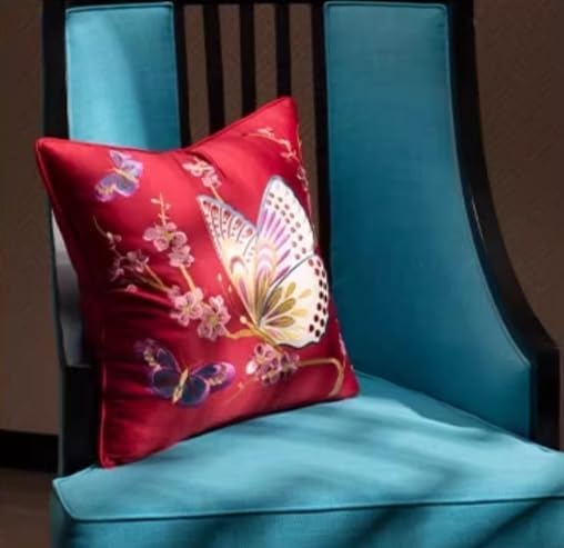 Butterfly Throw Pillow, Flower Butterfly Oriental Embroidery Cushion Decorative Pillow for Couch Living Room Bed (RED,17.7"x17.7")