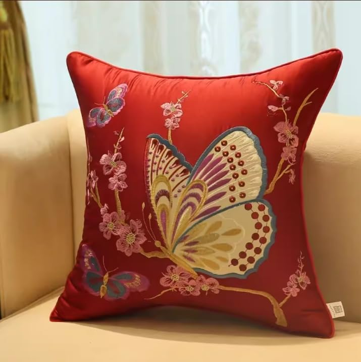 Butterfly Throw Pillow, Flower Butterfly Oriental Embroidery Cushion Decorative Pillow for Couch Living Room Bed (RED,17.7"x17.7")