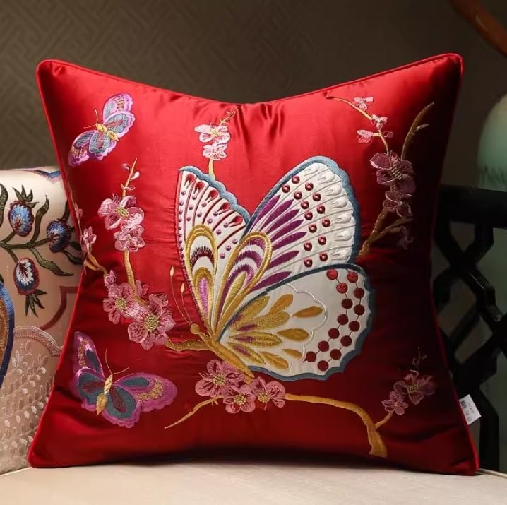 Butterfly Throw Pillow, Flower Butterfly Oriental Embroidery Cushion Decorative Pillow for Couch Living Room Bed (RED,17.7"x17.7")