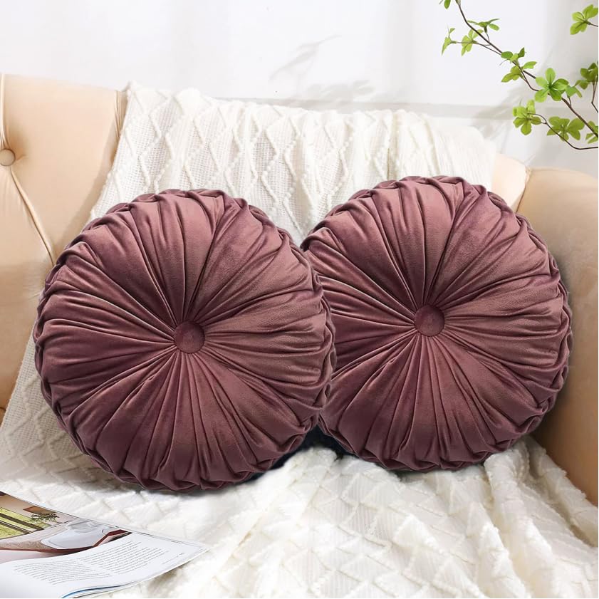HIG Set of 2 Yellow Ruched Velvet Round Throw Pillows – 14.5’’ Decorative Pillows with Soft Polyester Filling for Couch, Bed, Living Room, Bedroom, or Dorm – Handmade, Stress Relieving, All-Season