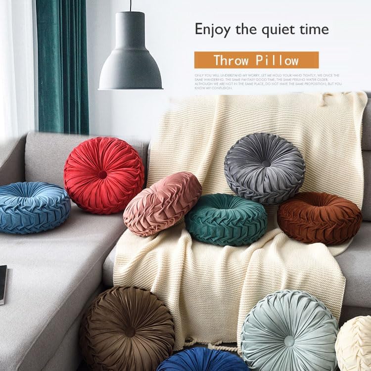 Round Throw Pillow Velvet 1 Pcs 14.17" Home Decoration Pleated 3D Pumpkin Pillow Cushion for Couch Chair Bed Car (Caramel Color)