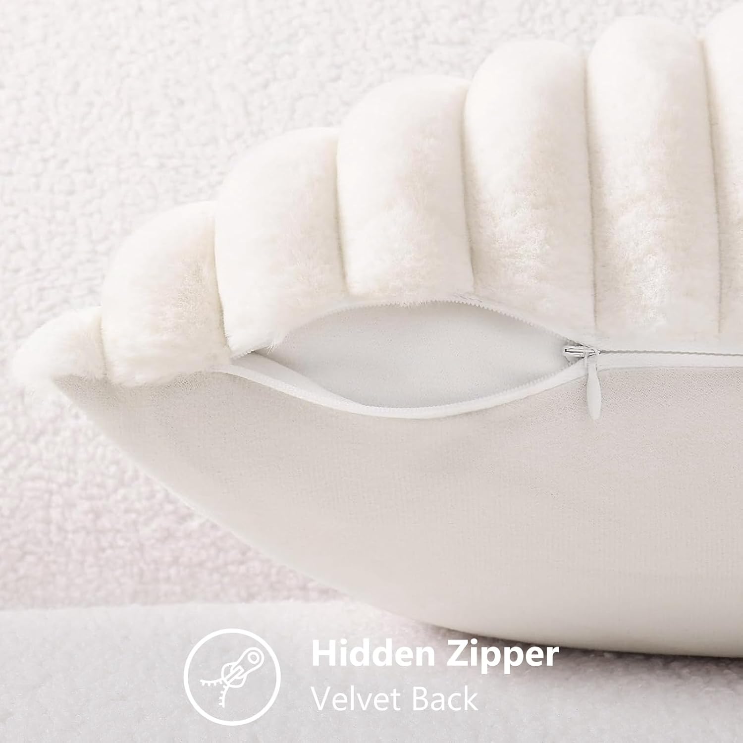 decorUhome Summer Cozy Faux Fur Throw Pillow Covers 18x18 Set of 2 Decorative Soft Plush Striped Modern Farmhouse Boho Couch Pillow Cases with Velvet Back for Sofa Bed Living Room, Cream White