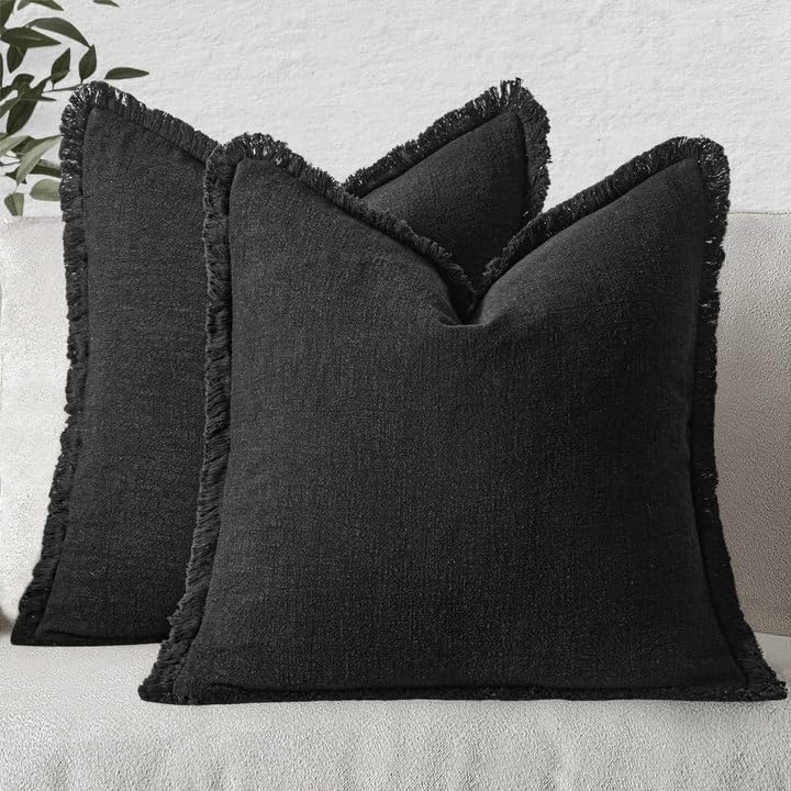 MIULEE Decorative Throw Pillow Covers Neutral Linen Fringe Throw Pillows Set of 2 Natural Beige Boho Farmhouse Cushion Covers with Tassels for Couch Sofa Bed Spring Home Decor 20x20 Inch
