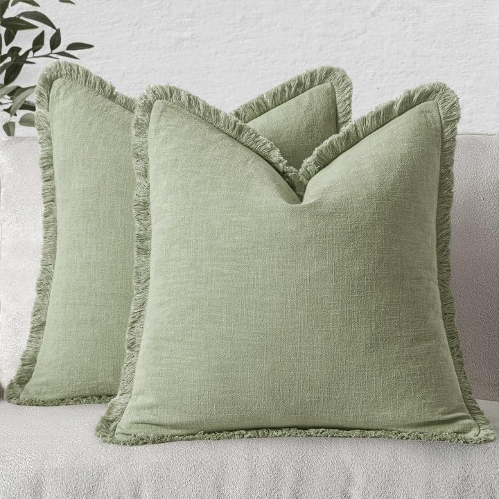 MIULEE Decorative Throw Pillow Covers Neutral Linen Fringe Throw Pillows Set of 2 Natural Beige Boho Farmhouse Cushion Covers with Tassels for Couch Sofa Bed Spring Home Decor 20x20 Inch
