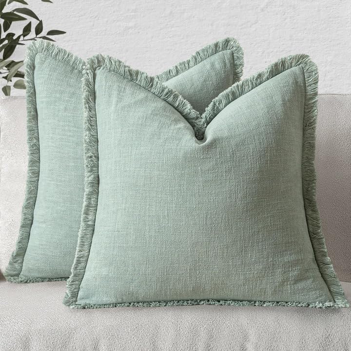 MIULEE Decorative Throw Pillow Covers Neutral Linen Fringe Throw Pillows Set of 2 Natural Beige Boho Farmhouse Cushion Covers with Tassels for Couch Sofa Bed Spring Home Decor 20x20 Inch