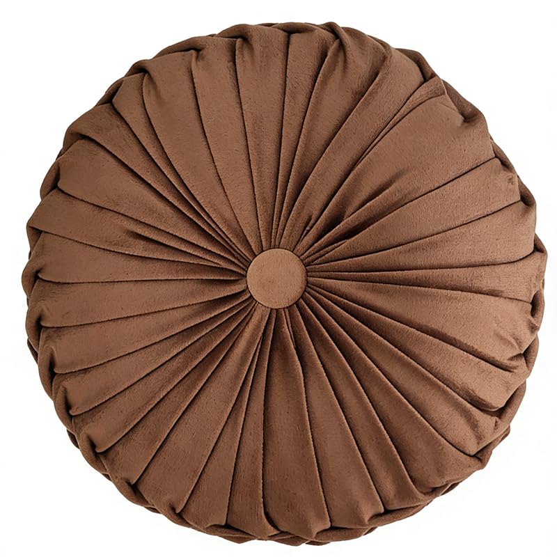 Round Throw Pillow Velvet 1 Pcs 14.17" Home Decoration Pleated 3D Pumpkin Pillow Cushion for Couch Chair Bed Car (Caramel Color)