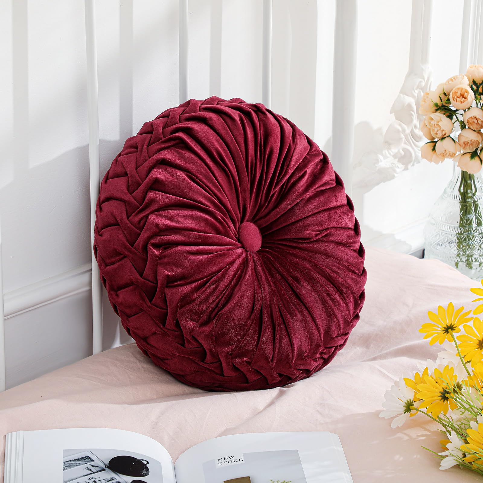 Drydiet 1 Pcs Round Throw Velvet Pillows Decorative Pleated Throw Pillows 15'' Diameter Accent Pumpkin Boho Chair Cushion for Couch Sofa Home Decoration (Olive Green)