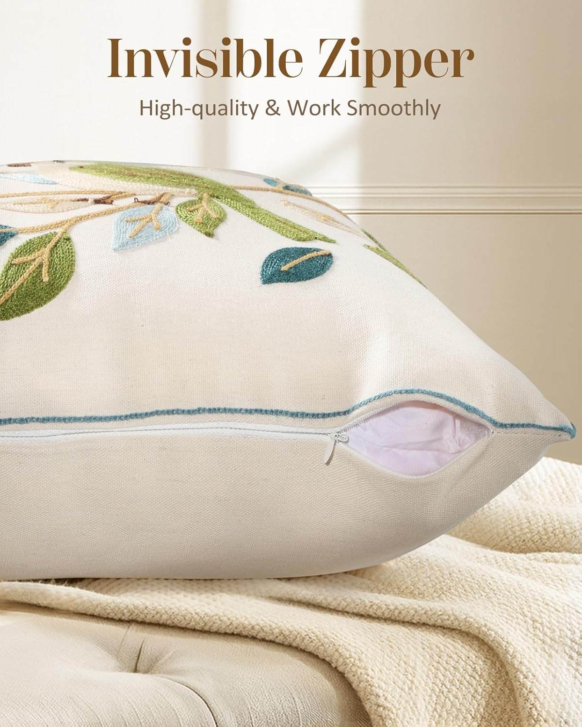 Embroidered Throw Pillow Cover 18x18 Inch - Spring Boho Decorative Pillow Covers with Zipper for Couch Sofa Bedroom Living Room Cushion Pillowcase, Birds Leaves