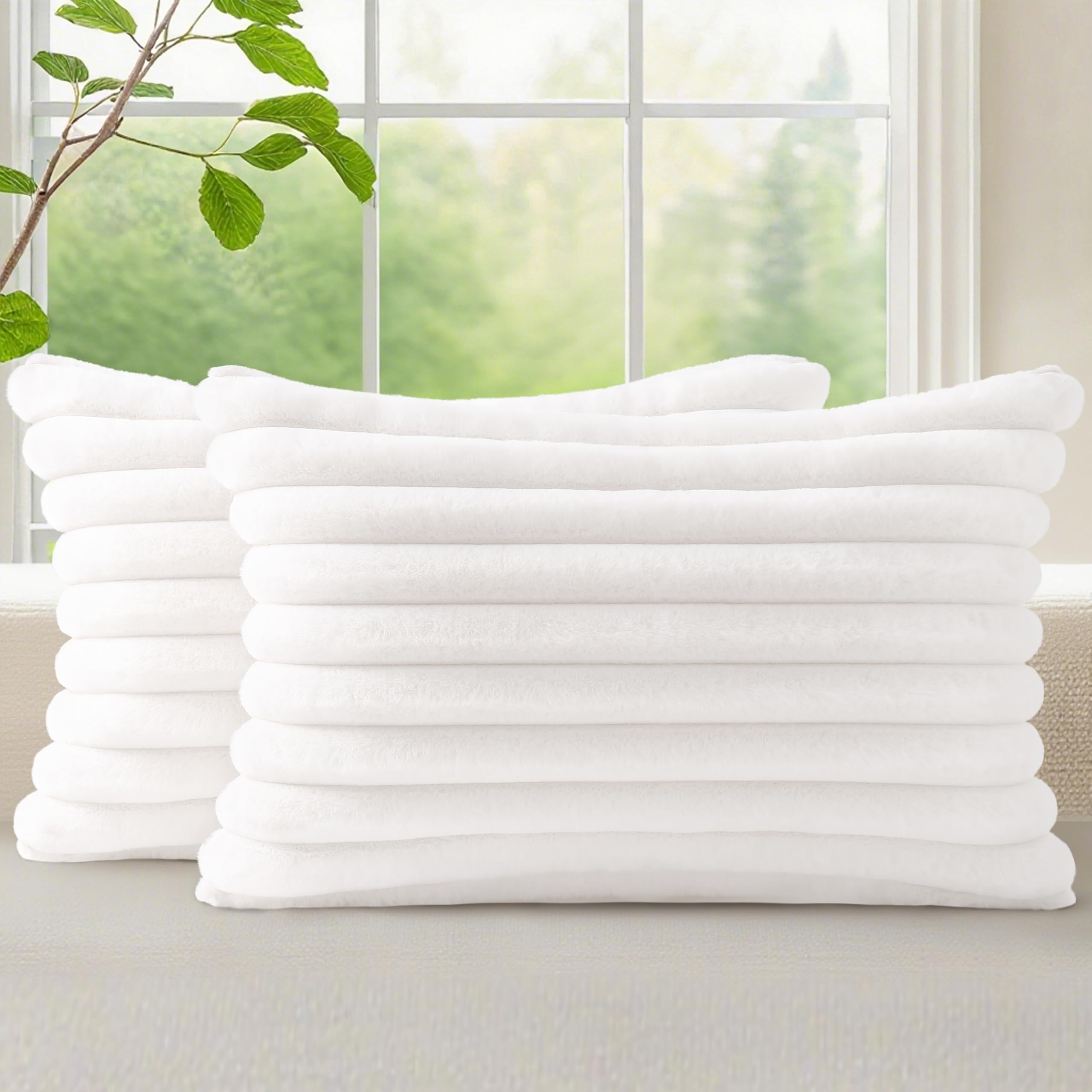 decorUhome Cozy Faux Fur Throw Pillow Covers 18x18 Set of 2 Decorative Soft Plush Striped Modern Farmhouse Boho Couch Pillow Cases with Velvet Back for Sofa Bed Living Room, Khaki Brown