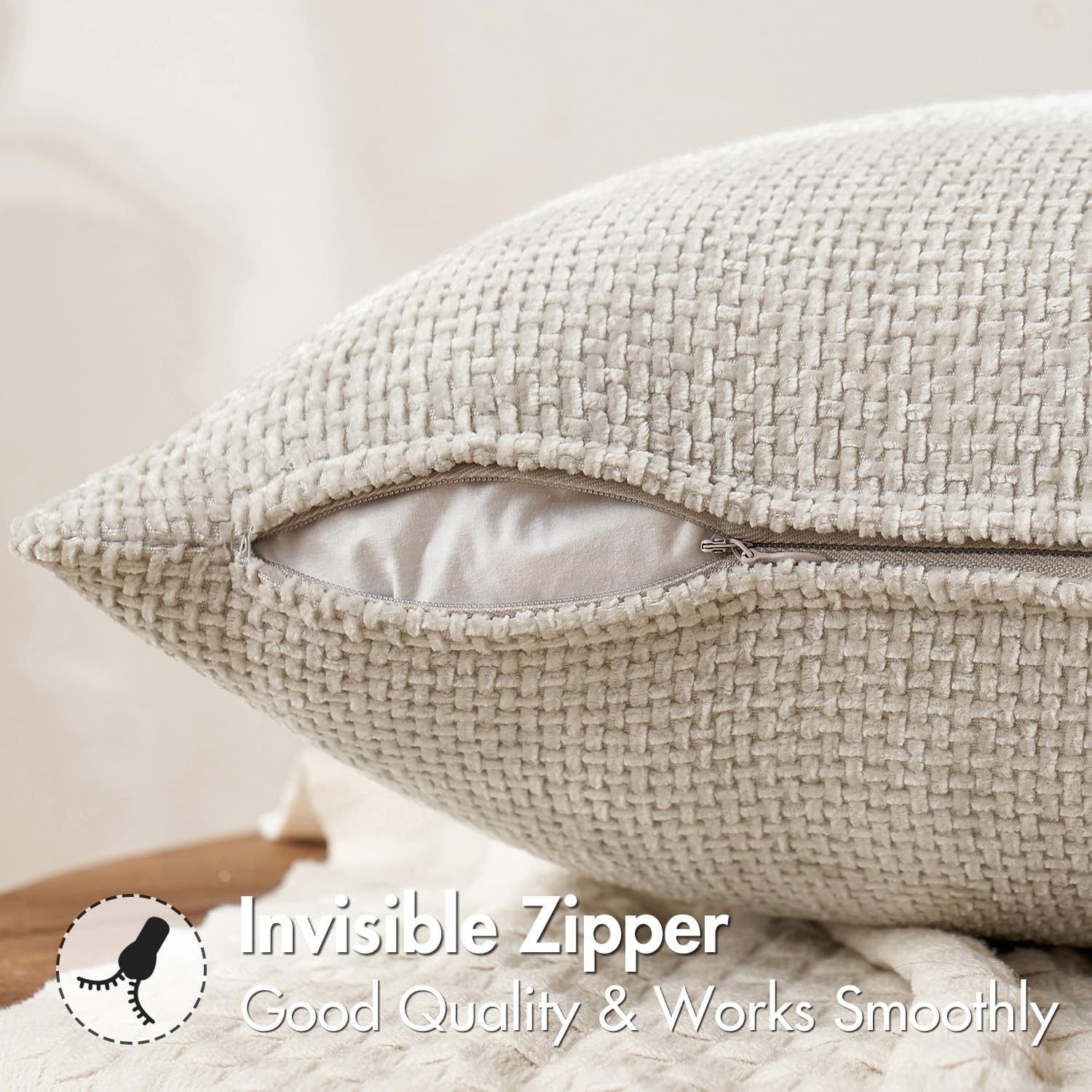 MIULEE Pack of 2 Couch Throw Pillow Covers 18x18 Inch Neutral Beige Modern Boho Accent Decorative Pillow Covers Soft Chenille Farmhouse Cushion Covers for Home Decor Bed Sofa Living Room