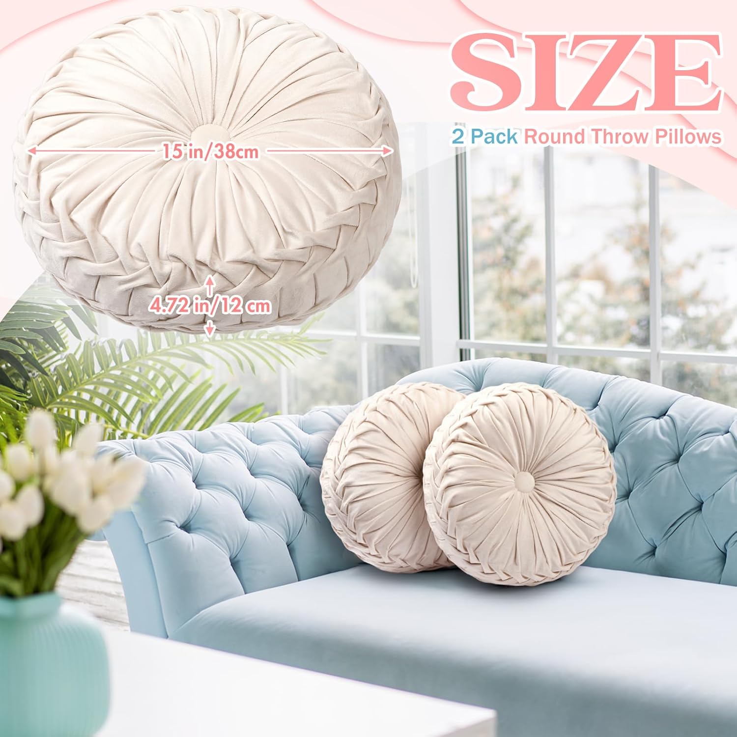 Beeveer 2 Pcs Round Throw Pillows 15 Inch Decorative Velvet Pleated Pumpkin Pillows Boho Floor Pillow with Center Button for Living Room Couch Chair Bed Sofa Home Decoration (Ivory)