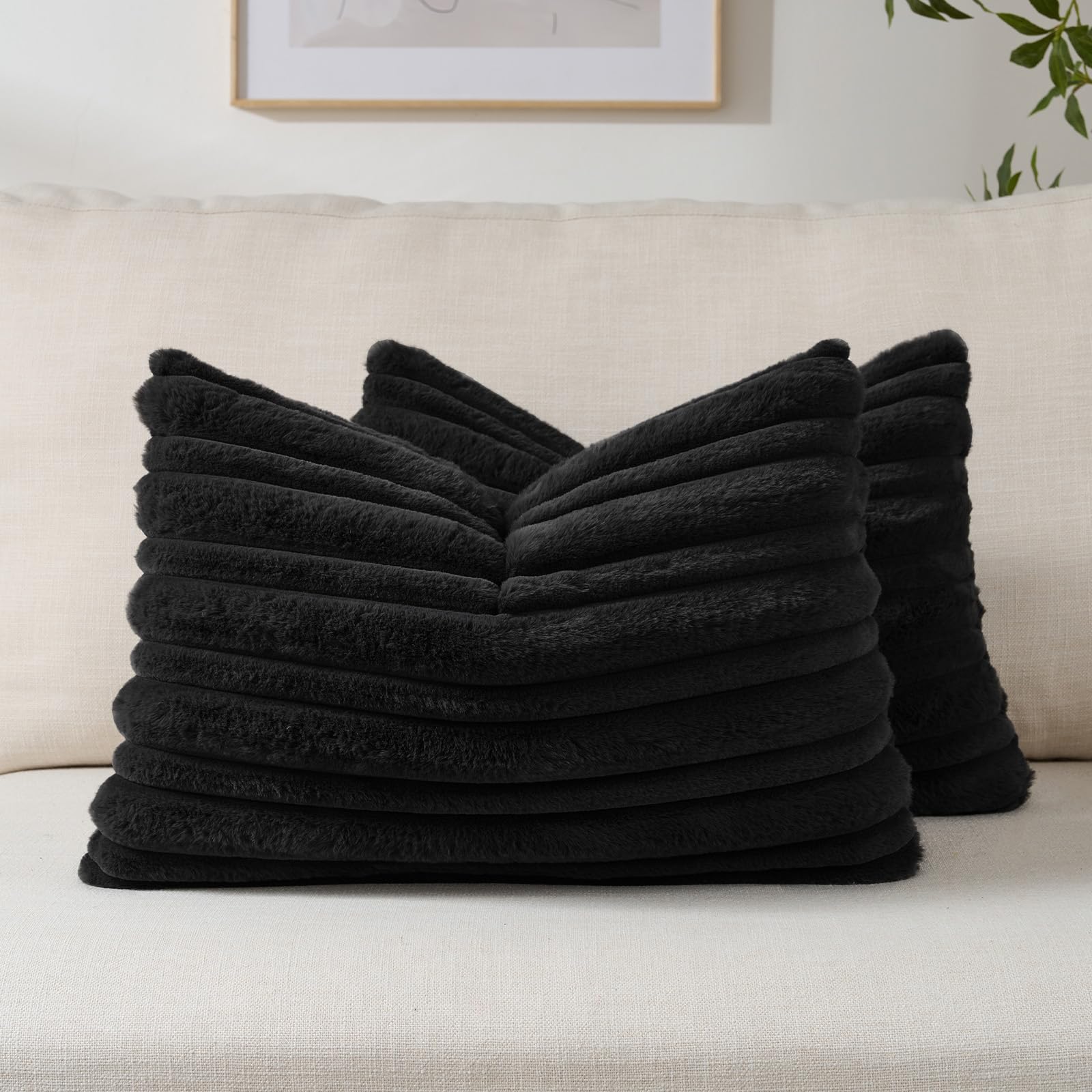 FUTEI Camel Decorative Throw Pillow Covers 18x18 Inch Set of 2,Soft Fluffy Faux Rabbit Fur Thick & Thin Striped Textured Cushion Case,Modern Home Decor for Couch Bed Living Room