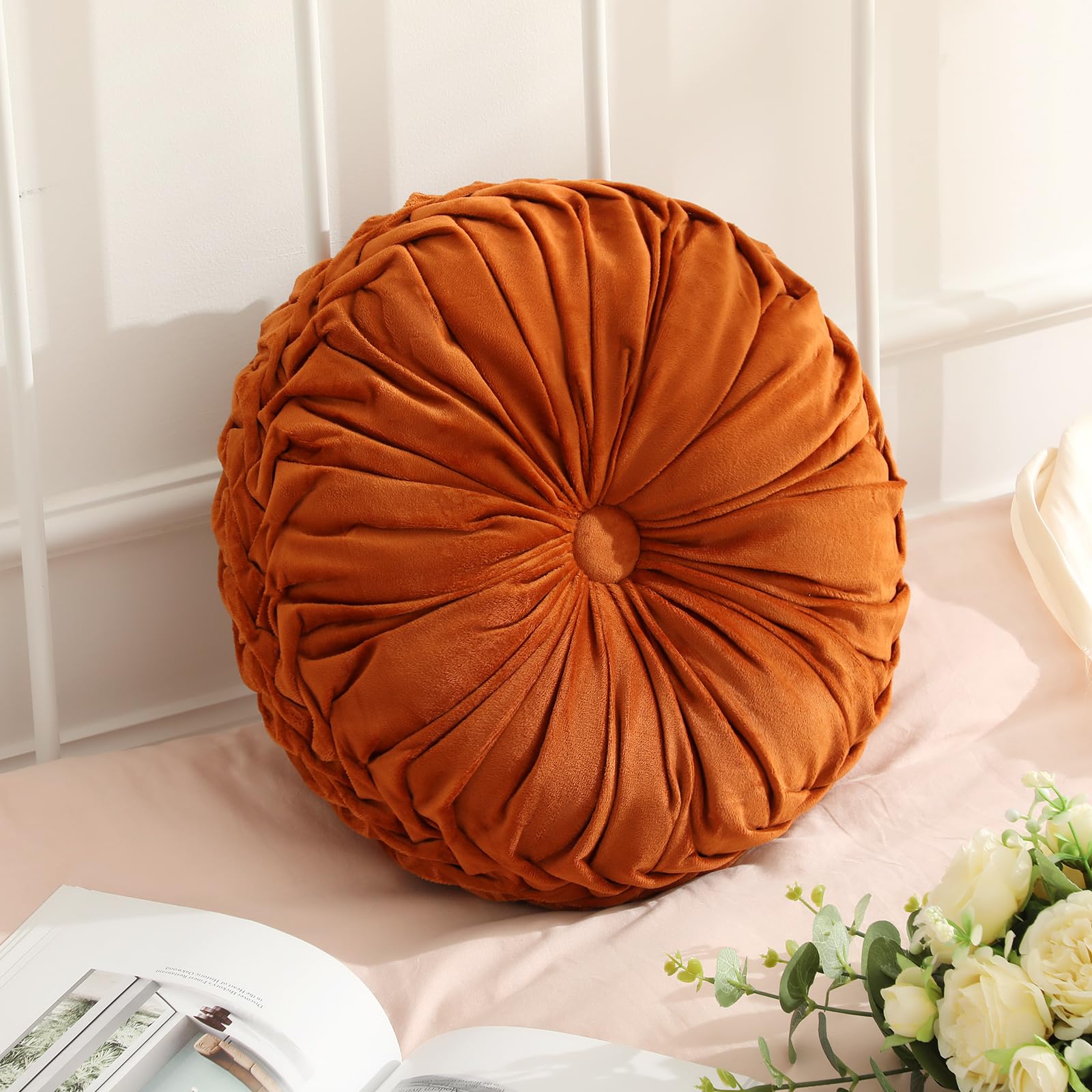 Drydiet 1 Pcs Round Throw Velvet Pillows Decorative Pleated Throw Pillows 15'' Diameter Accent Pumpkin Boho Chair Cushion for Couch Sofa Home Decoration (Olive Green)