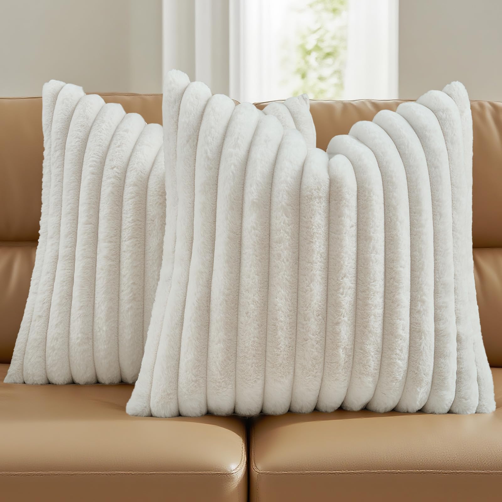 FUTEI Pack of 2 Solid Faux Fur Plush Throw Pillow Covers 18x18 Inch Soft Fluffy Striped Decorative Cushion Cases Modern Farmhouse Accent for Couch Bed Living Room, Cream White
