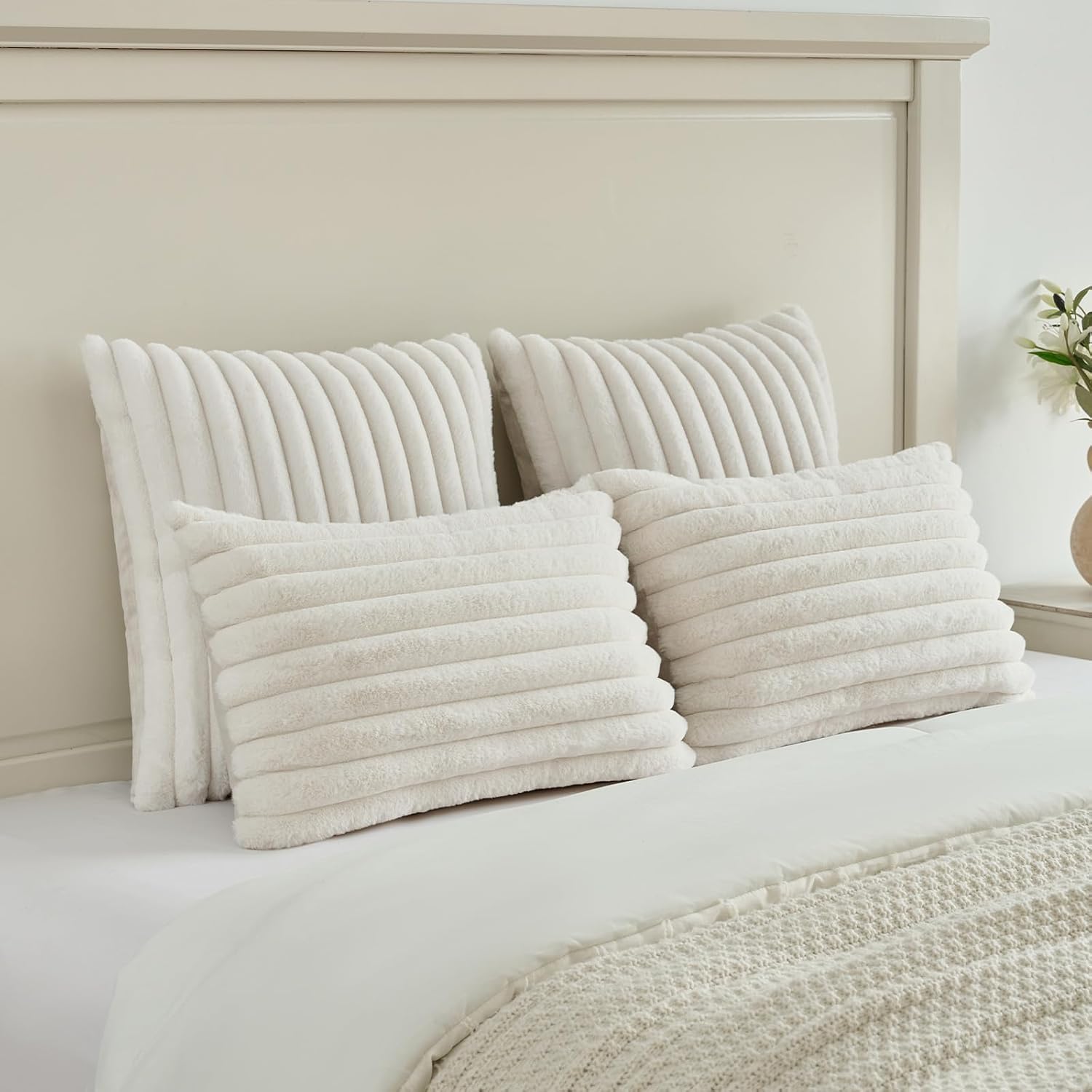 FUTEI Pack of 2 Solid Faux Fur Plush Throw Pillow Covers 18x18 Inch Soft Fluffy Striped Decorative Cushion Cases Modern Farmhouse Accent for Couch Bed Living Room, Cream White