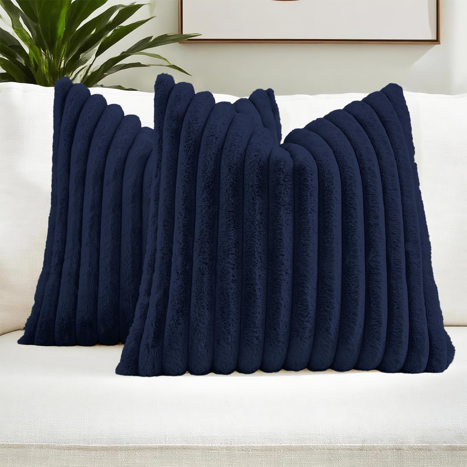 FUTEI Pack of 2 Solid Faux Fur Plush Throw Pillow Covers 18x18 Inch Soft Fluffy Striped Decorative Cushion Cases Modern Farmhouse Accent for Couch Bed Living Room, Cream White
