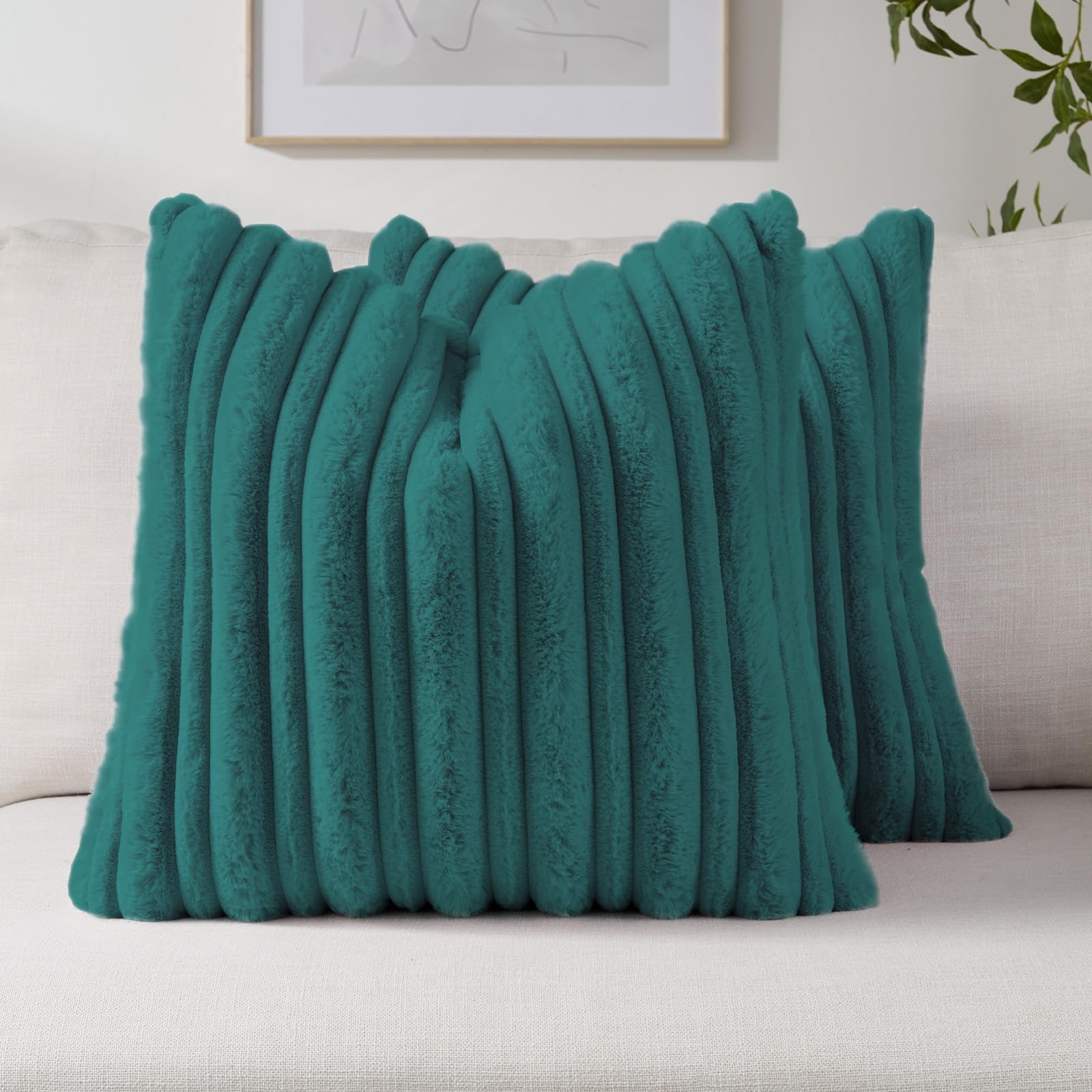 FUTEI Camel Decorative Throw Pillow Covers 18x18 Inch Set of 2,Soft Fluffy Faux Rabbit Fur Thick & Thin Striped Textured Cushion Case,Modern Home Decor for Couch Bed Living Room