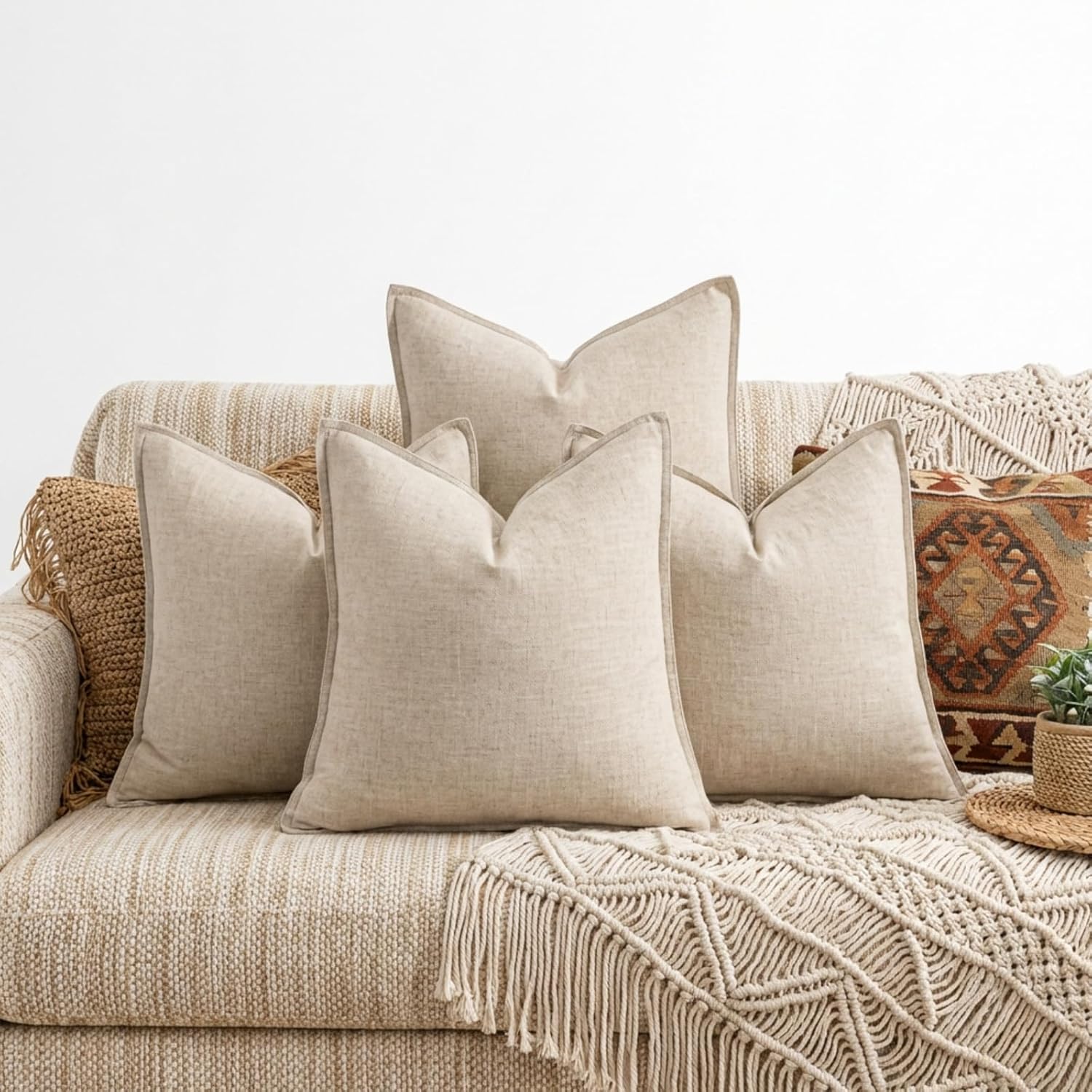 4 Pack 20x20 Inch Linen Pillow Covers Decorative Neutral Linen Throw Pillows Cases, Soft Rustic Cushions Boho Farmhouse Pillowcases for Bed Sofa Living Room Spring Decor(Beige)