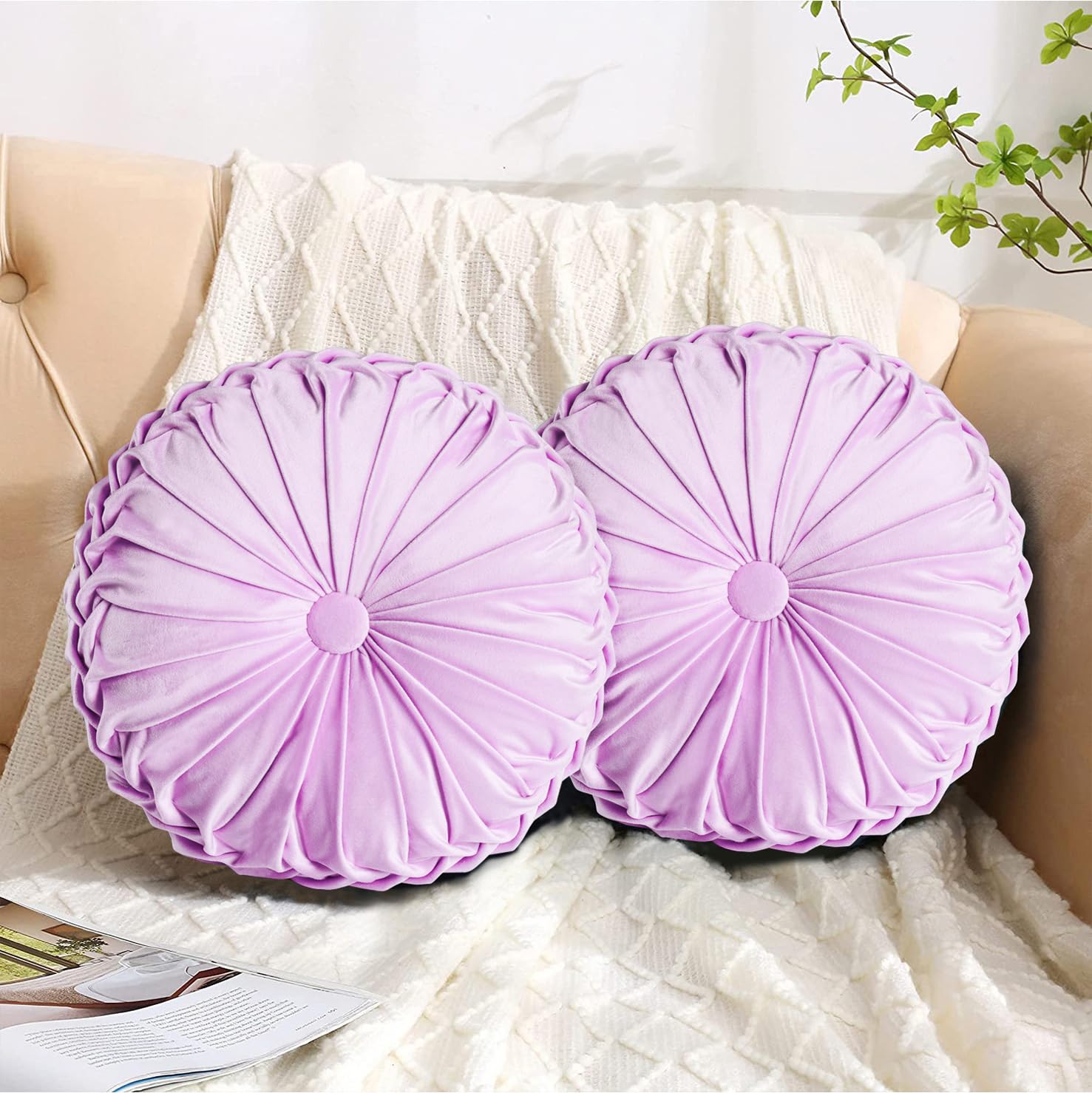 HIG Set of 2 Pink Ruched Velvet Round Throw Pillows – 14.5’’ Decorative Pillows with Soft Polyester Filling for Couch, Bed, Living Room, Bedroom, or Dorm – Handmade, Stress Relieving, All-Season
