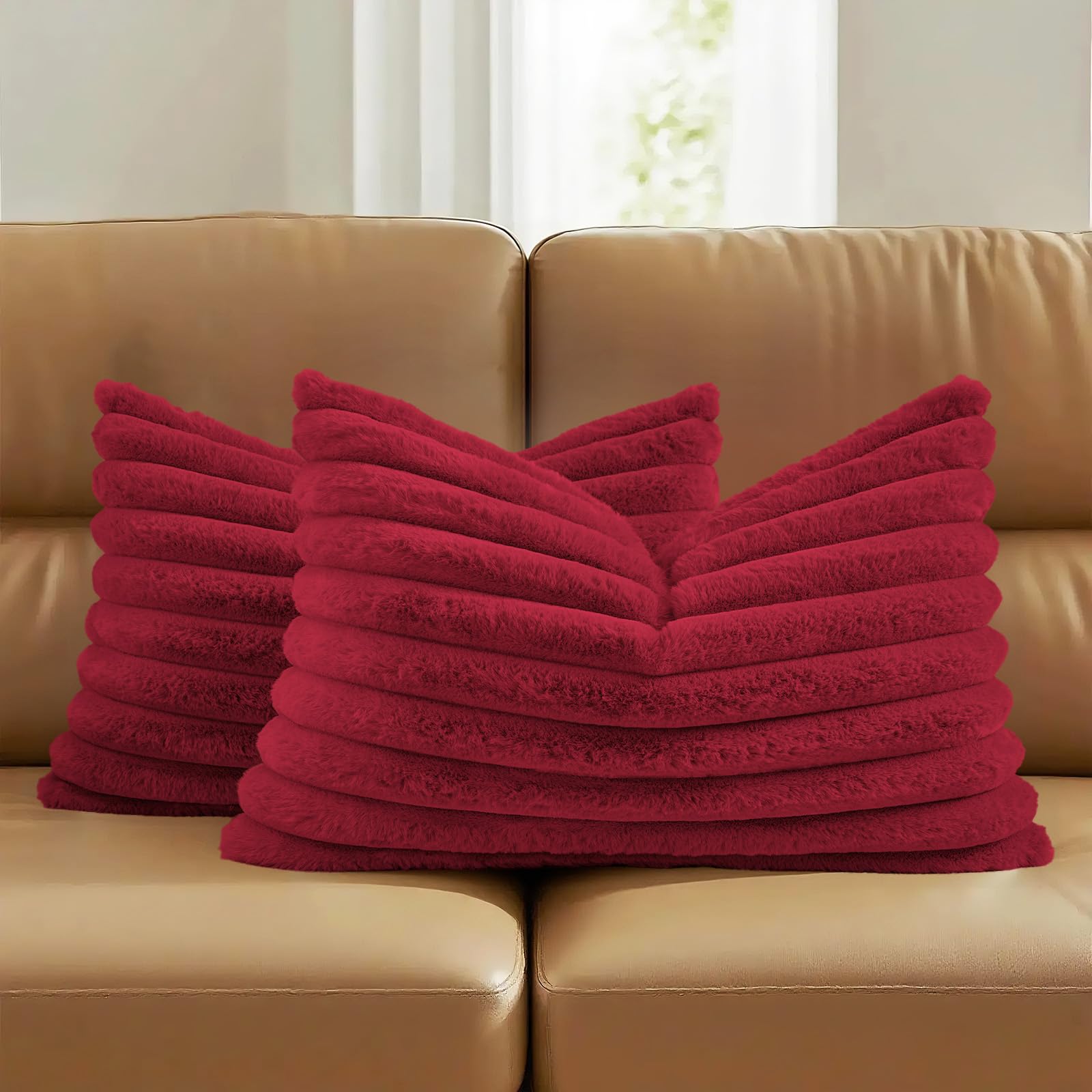 FUTEI Pack of 2 Solid Faux Fur Plush Throw Pillow Covers 18x18 Inch Soft Fluffy Striped Decorative Cushion Cases Modern Farmhouse Accent for Couch Bed Living Room, Cream White
