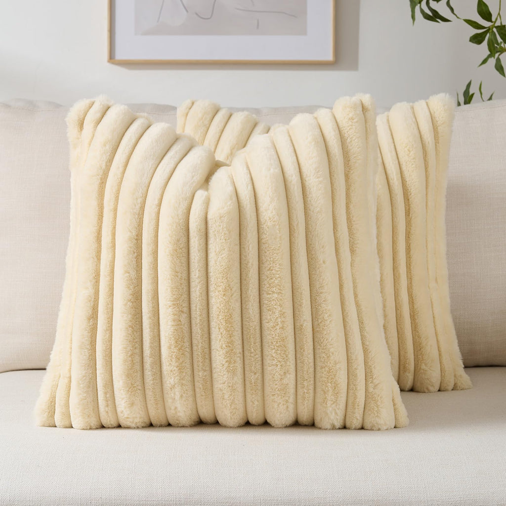 FUTEI Camel Decorative Throw Pillow Covers 18x18 Inch Set of 2,Soft Fluffy Faux Rabbit Fur Thick & Thin Striped Textured Cushion Case,Modern Home Decor for Couch Bed Living Room