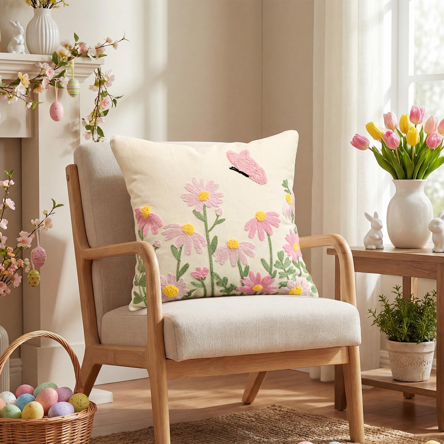 AVOIN colorlife Easter Spring Rabbit Floral Embroidered Throw Pillow Covers, 18 x 18 Inch Butterfly Flowers Tufted Patterned Linen Decoration Cushion Case for Sofa Couch Set of 2