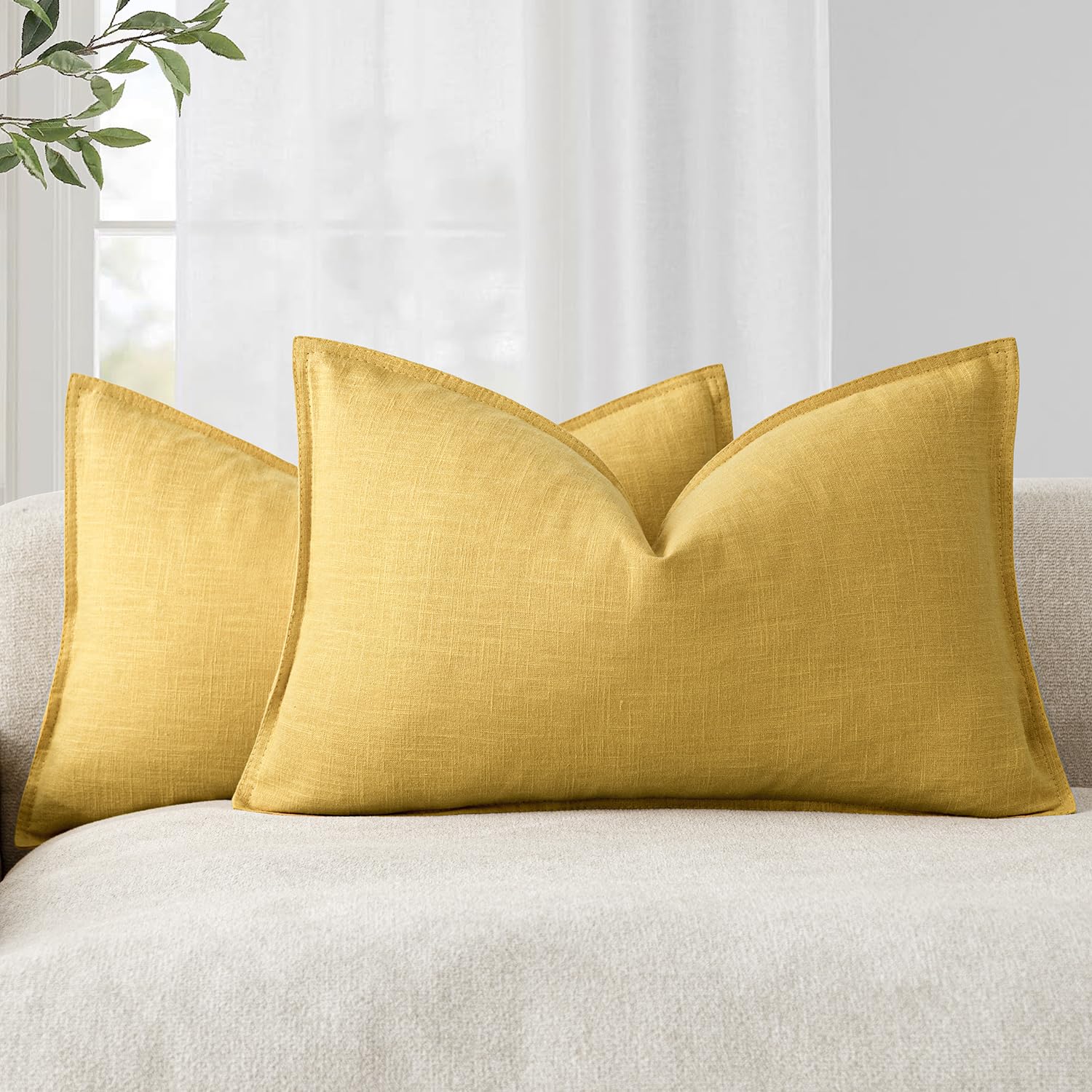 Foindtower Set of 2, Decorative Linen Soild Throw Pillow Covers Soft Accent Cushion Euro Case Boho Farmhouse Pillowcase for Chair Couch Sofa Bedroom Living Room Home Decor 20 x 20 Inch Natural Linen