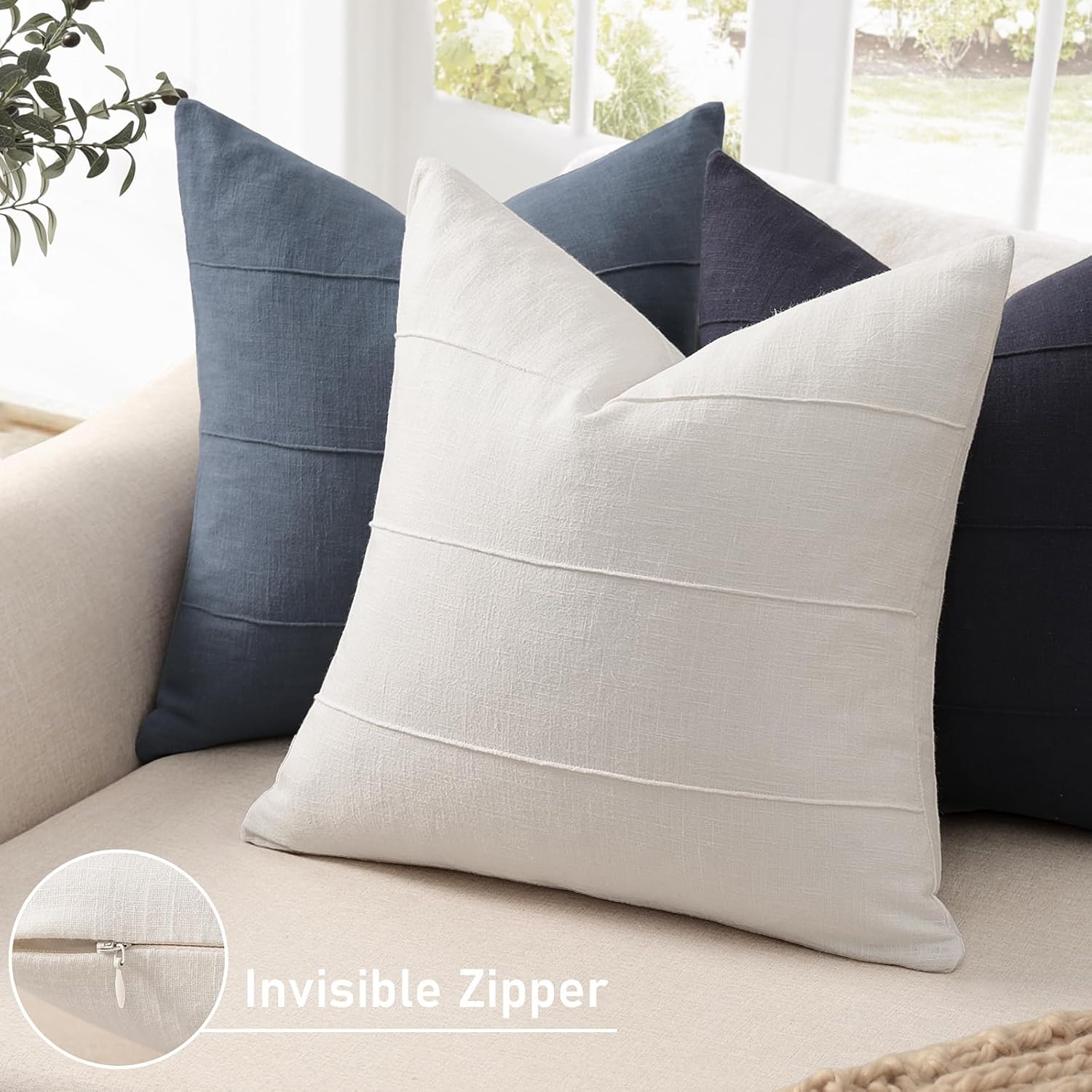 Decorative Linen Throw Pillow Covers 22x22 Set of 2 Solid handcrafted Striped Cushion Covers for Bed Soft Modern Farmhouse Neutral Pillowcase for Couch Bedroom Living Room Home Decor(Cream White)