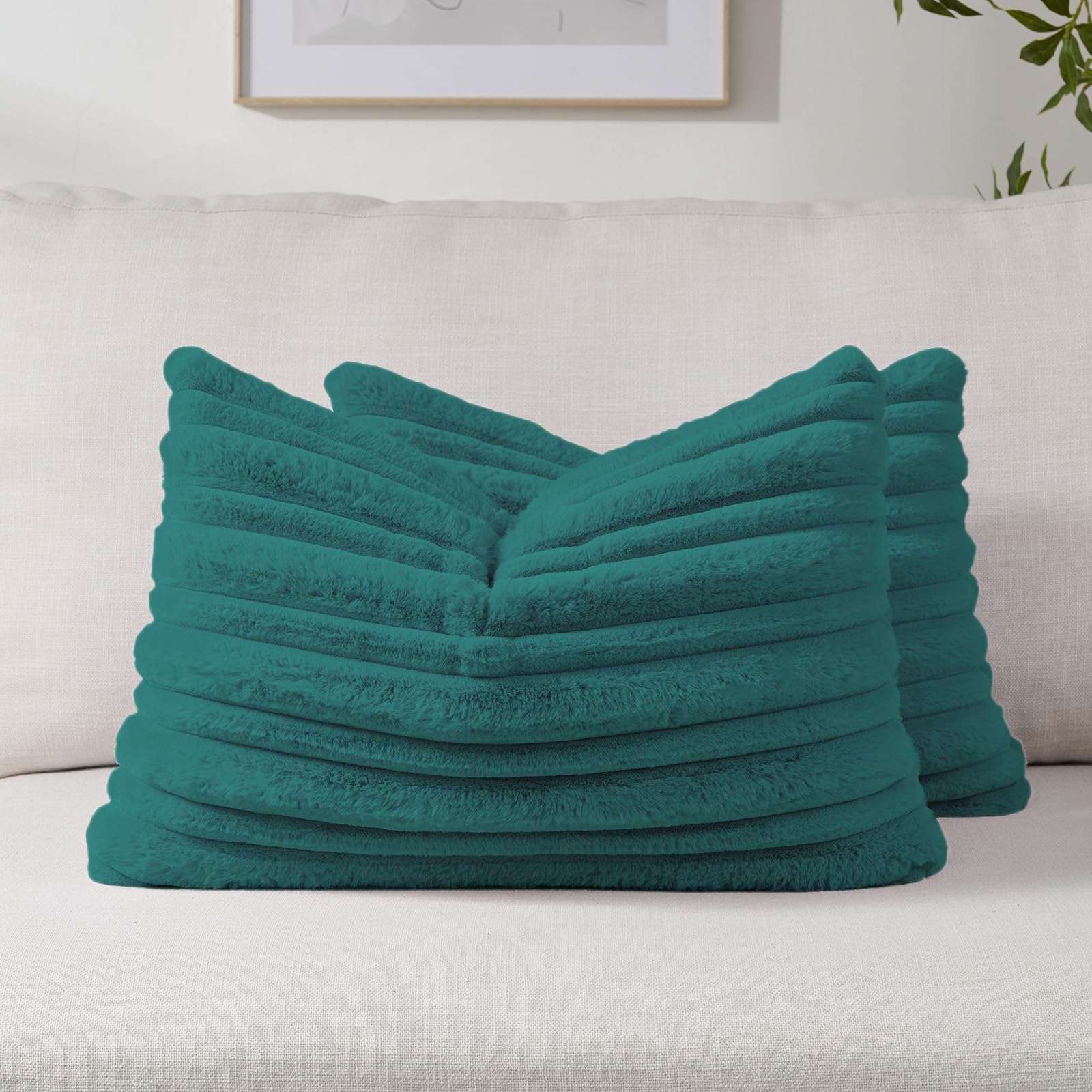 FUTEI Camel Decorative Throw Pillow Covers 18x18 Inch Set of 2,Soft Fluffy Faux Rabbit Fur Thick & Thin Striped Textured Cushion Case,Modern Home Decor for Couch Bed Living Room