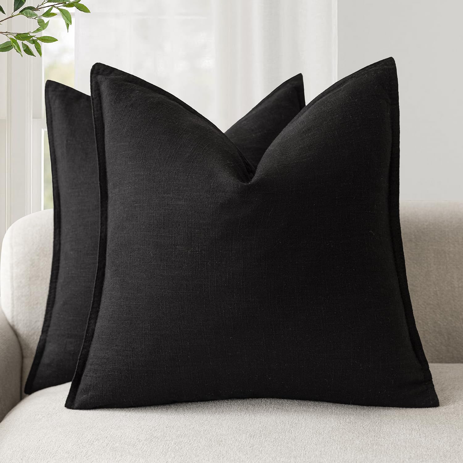 Foindtower Set of 2, Decorative Linen Soild Throw Pillow Covers Soft Accent Cushion Euro Case Boho Farmhouse Pillowcase for Chair Couch Sofa Bedroom Living Room Home Decor 20 x 20 Inch Natural Linen