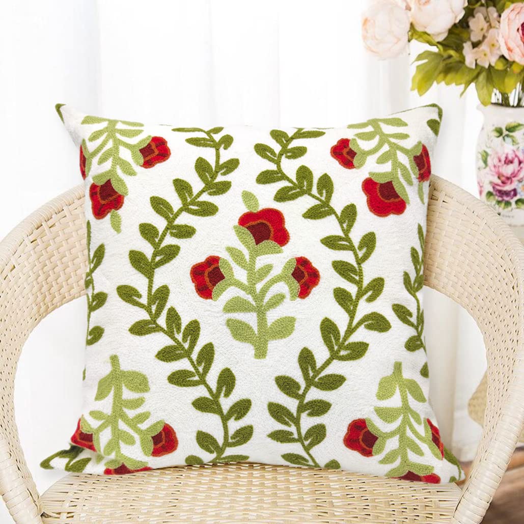 Alysheer Summer Floral Embroidered Decorative Throw Pillow Cover 12"x 20", Farmhouse Blue Flowers Green Leaves Patterned Cotton Canvas Lumbar Cushion Case for Sofa Couch Living Room Cottage Decor