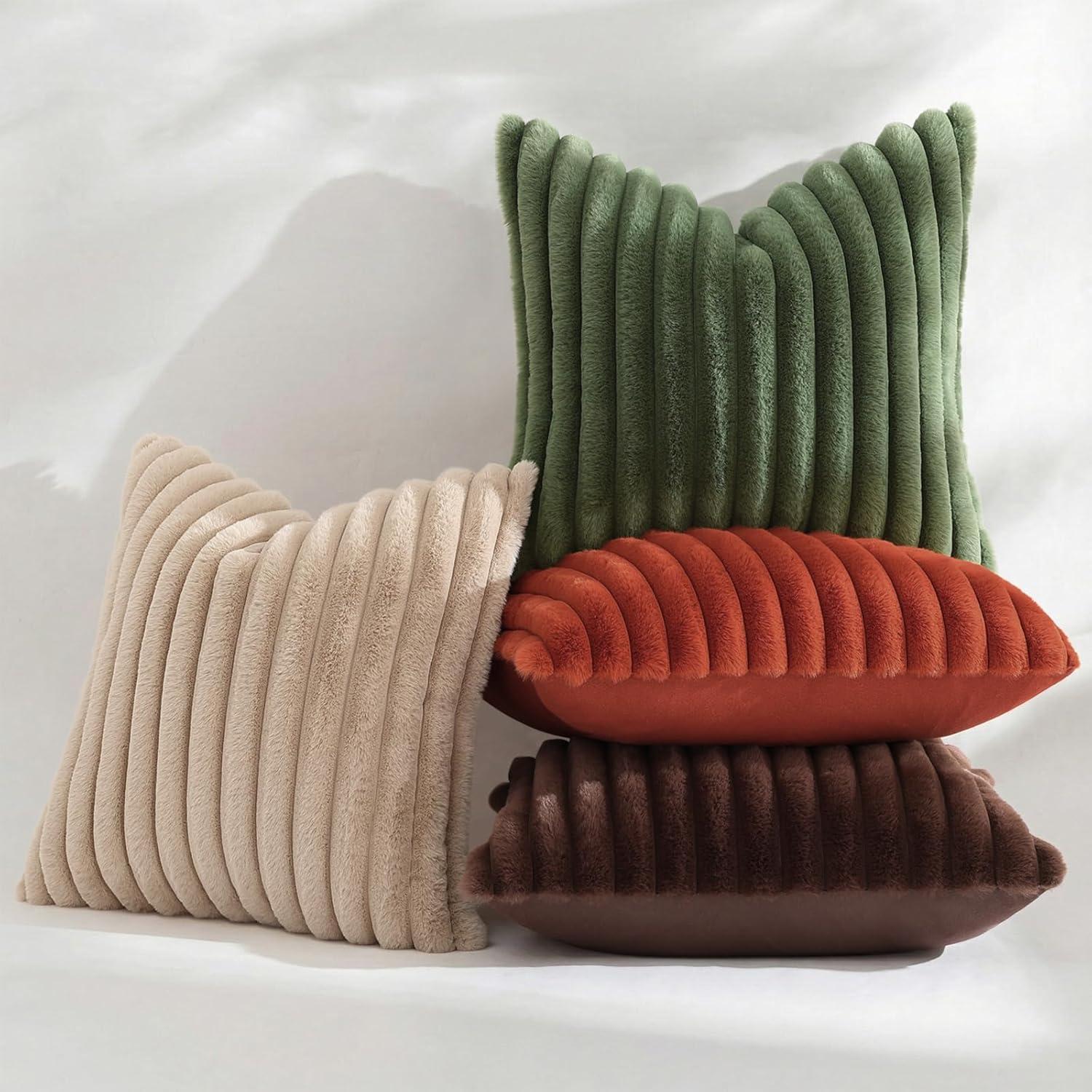 decorUhome Cozy Faux Fur Throw Pillow Covers 18x18 Set of 2 Decorative Soft Plush Striped Modern Farmhouse Boho Couch Pillow Cases with Velvet Back for Sofa Bed Living Room, Khaki Brown