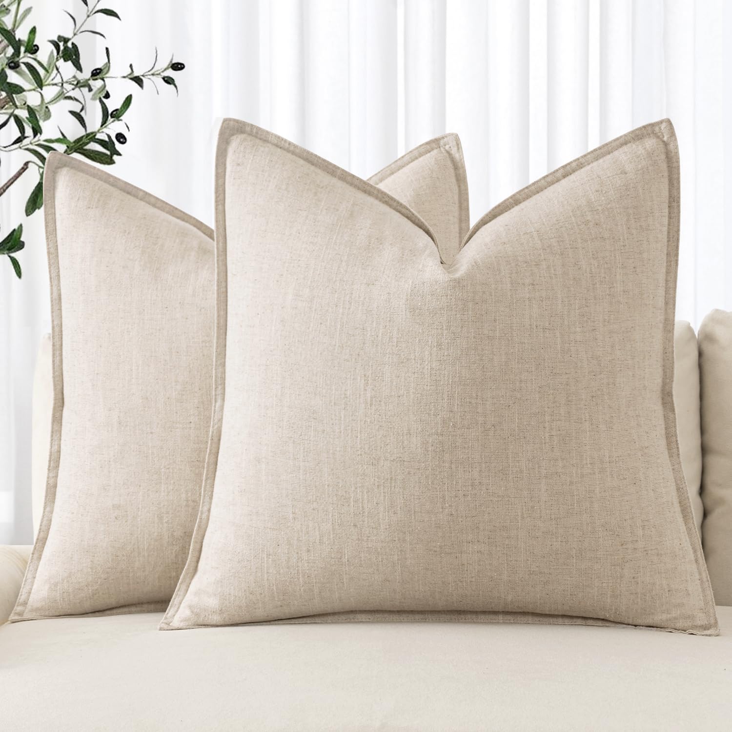 MIULEE Decorative Linen Pillow Covers 20x20 Inch Natural Beige Boho Farmhouse Neutral Couch Throw Pillows for Bed Pack of 2 Accent Modern Pillowcase Sofa Livingroom Home Decor