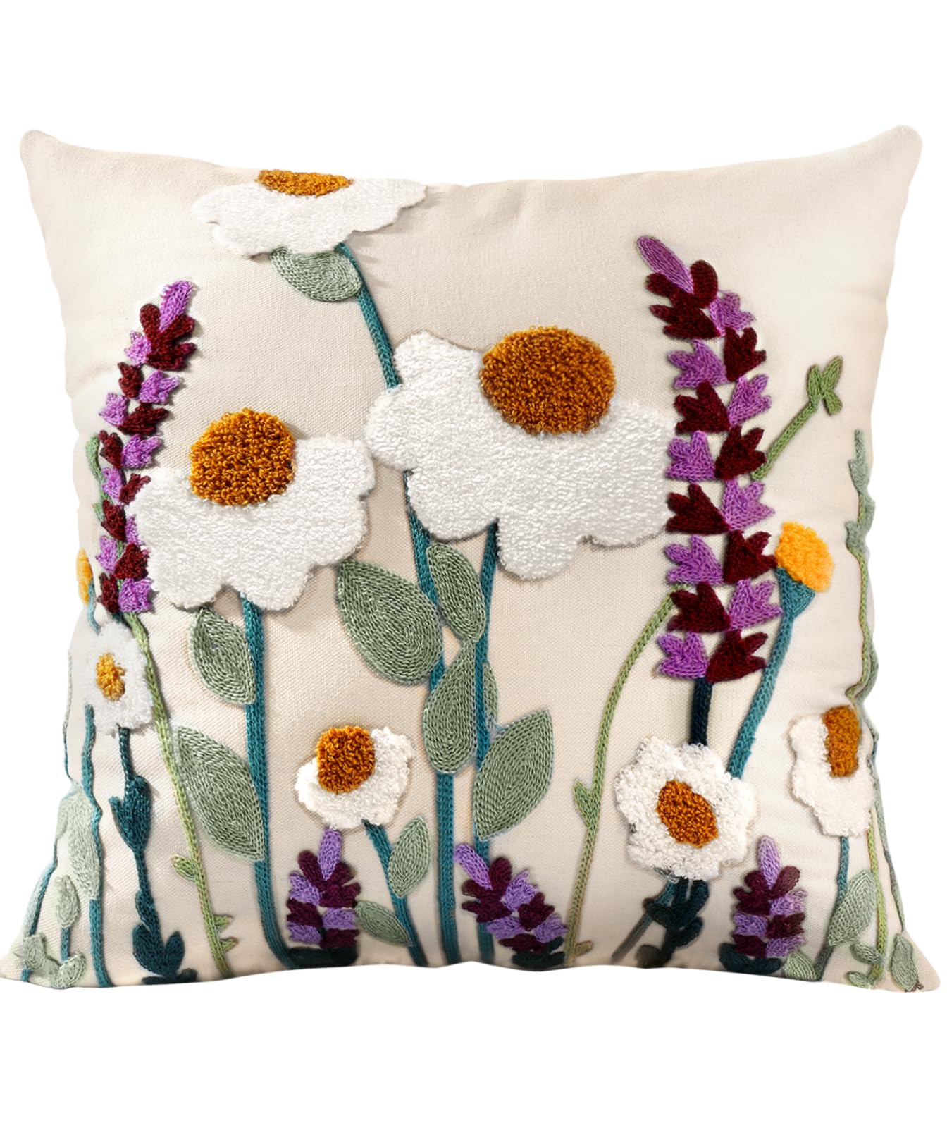 Embroidered Throw Pillow Cover - 18x18 Decorative Pillow Cover with Zipper Aesthetic Cute Design Boho Spring Summer Throw Pillowcase for Living Room Couch Sofa Bed, Flower Cats
