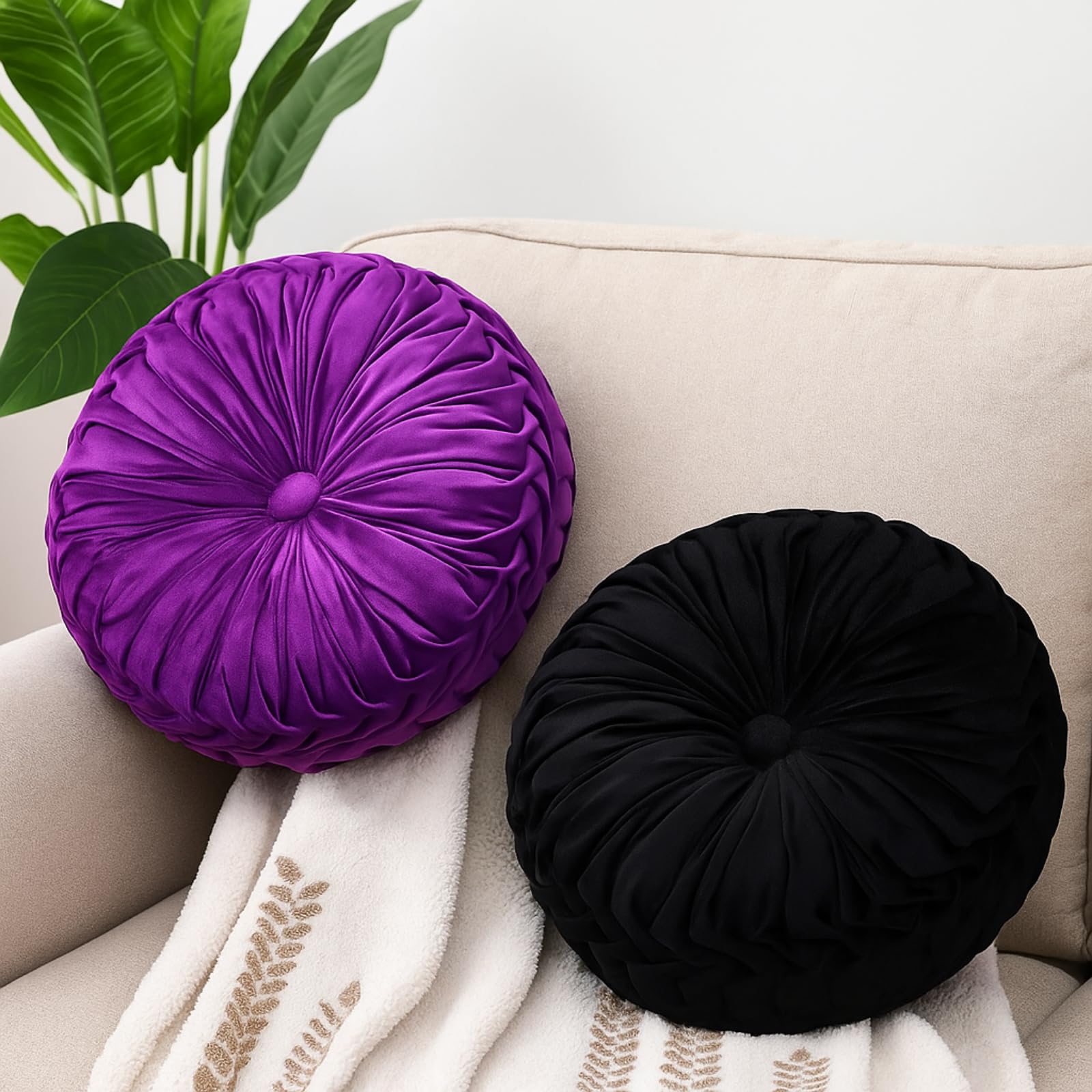 Beeveer 2 Pcs Round Throw Pillows 15 Inch Decorative Velvet Pleated Pumpkin Pillows Boho Floor Pillow with Center Button for Living Room Couch Chair Bed Sofa Home Decoration (Ivory)