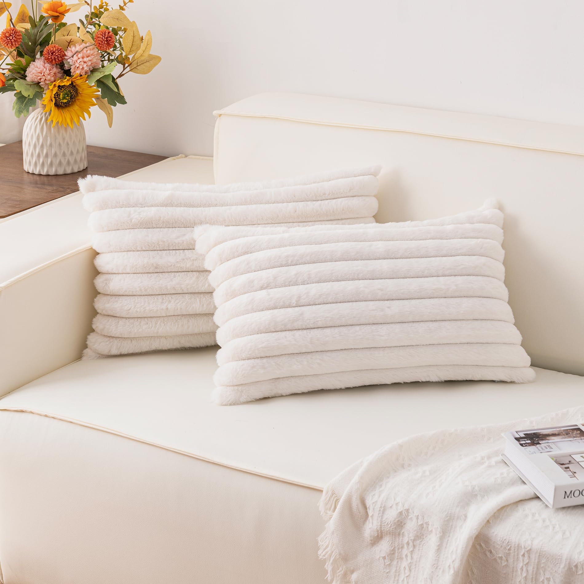 Aegero Pack of 2 Faux Fur Christmas Throw Pillow Covers 18x18 Inch, Soft Plush Striped Neutral Couch Pillow Cover, with Velvet Back Modern Home Decor for Sofa Living Room Couch Bed Cream White