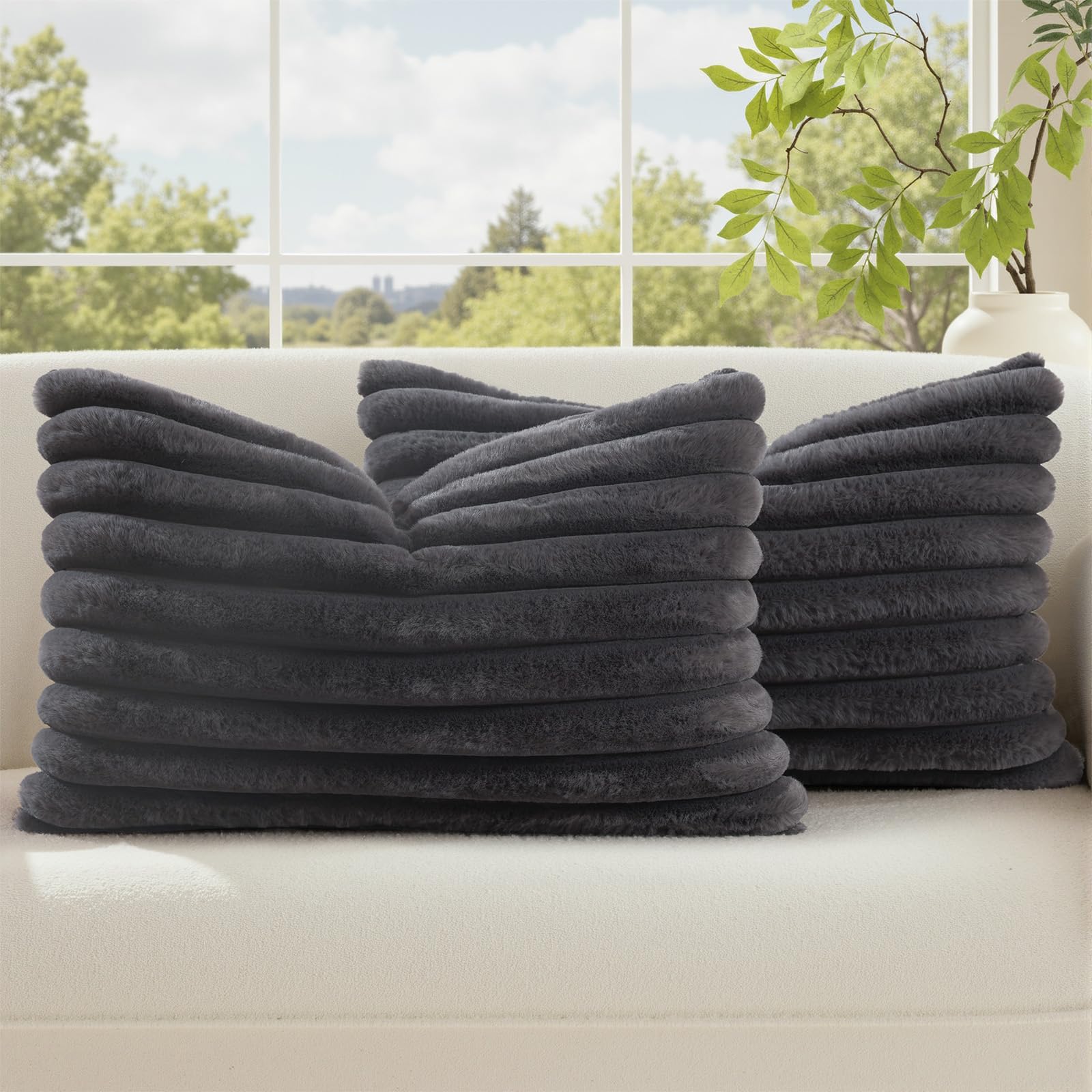 decorUhome Summer Cozy Faux Fur Throw Pillow Covers 18x18 Set of 2 Decorative Soft Plush Striped Modern Farmhouse Boho Couch Pillow Cases with Velvet Back for Sofa Bed Living Room, Cream White
