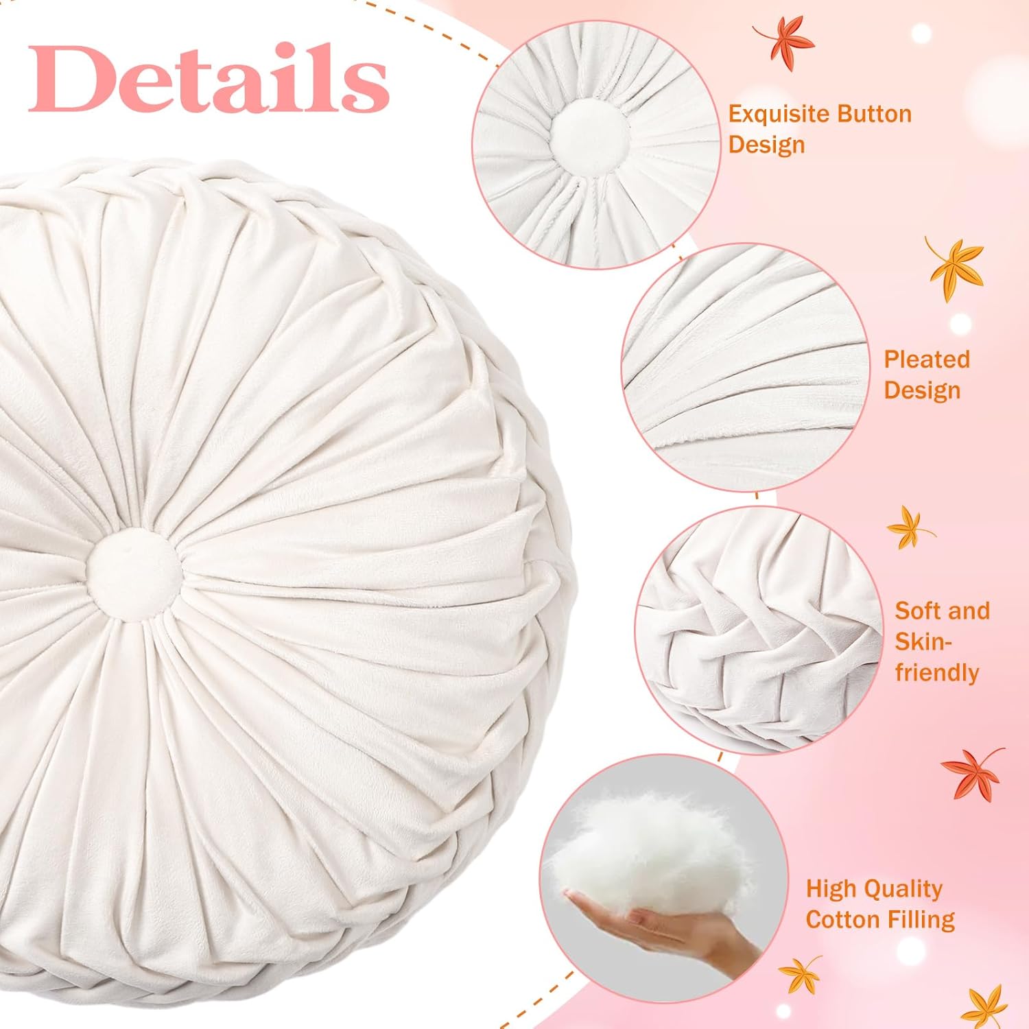 Beeveer 2 Pcs Round Throw Pillows 15 Inch Decorative Velvet Pleated Pumpkin Pillows Boho Floor Pillow with Center Button for Living Room Couch Chair Bed Sofa Home Decoration (Ivory)