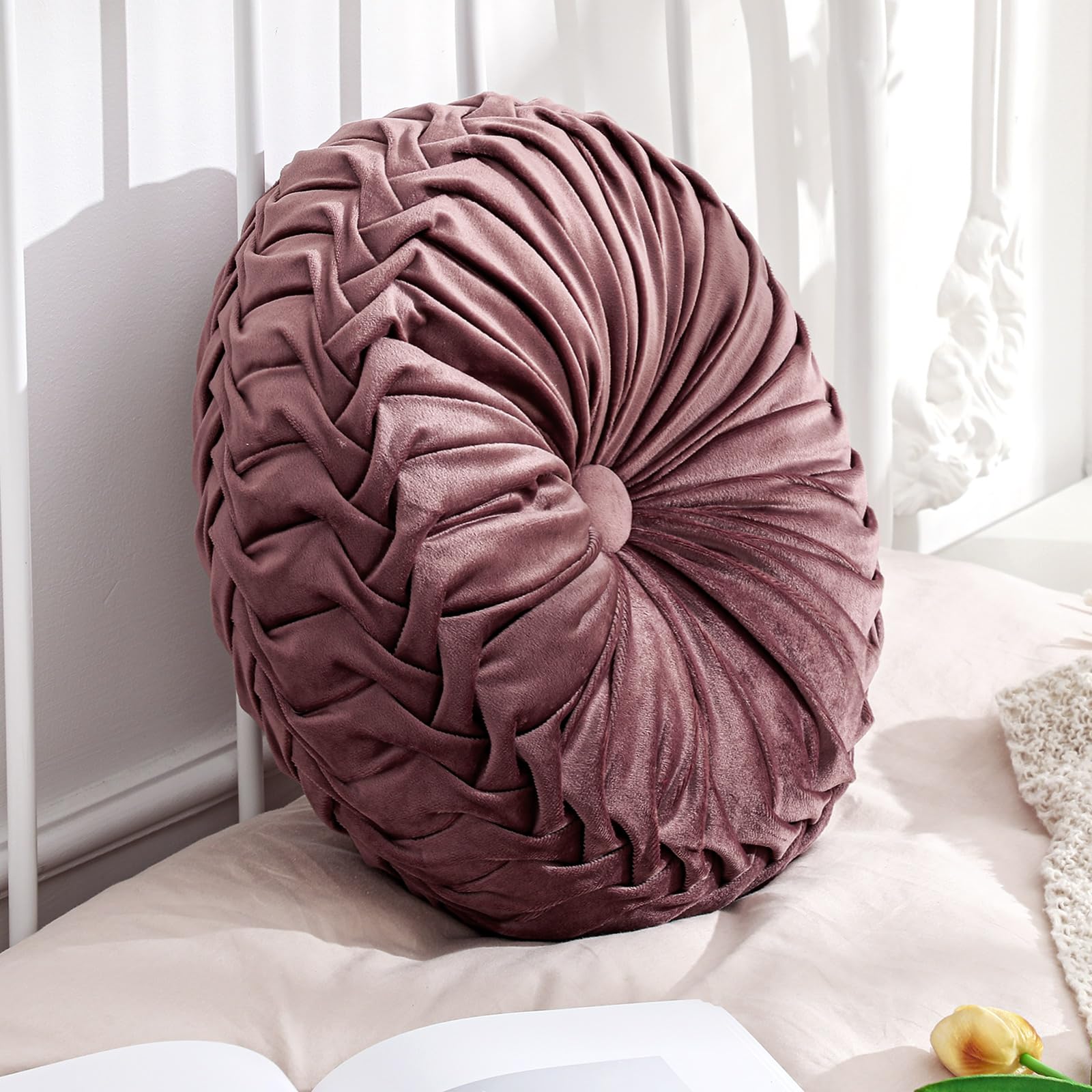 Drydiet 1 Pcs Round Throw Velvet Pillows Decorative Pleated Throw Pillows 15'' Diameter Accent Pumpkin Boho Chair Cushion for Couch Sofa Home Decoration (Olive Green)