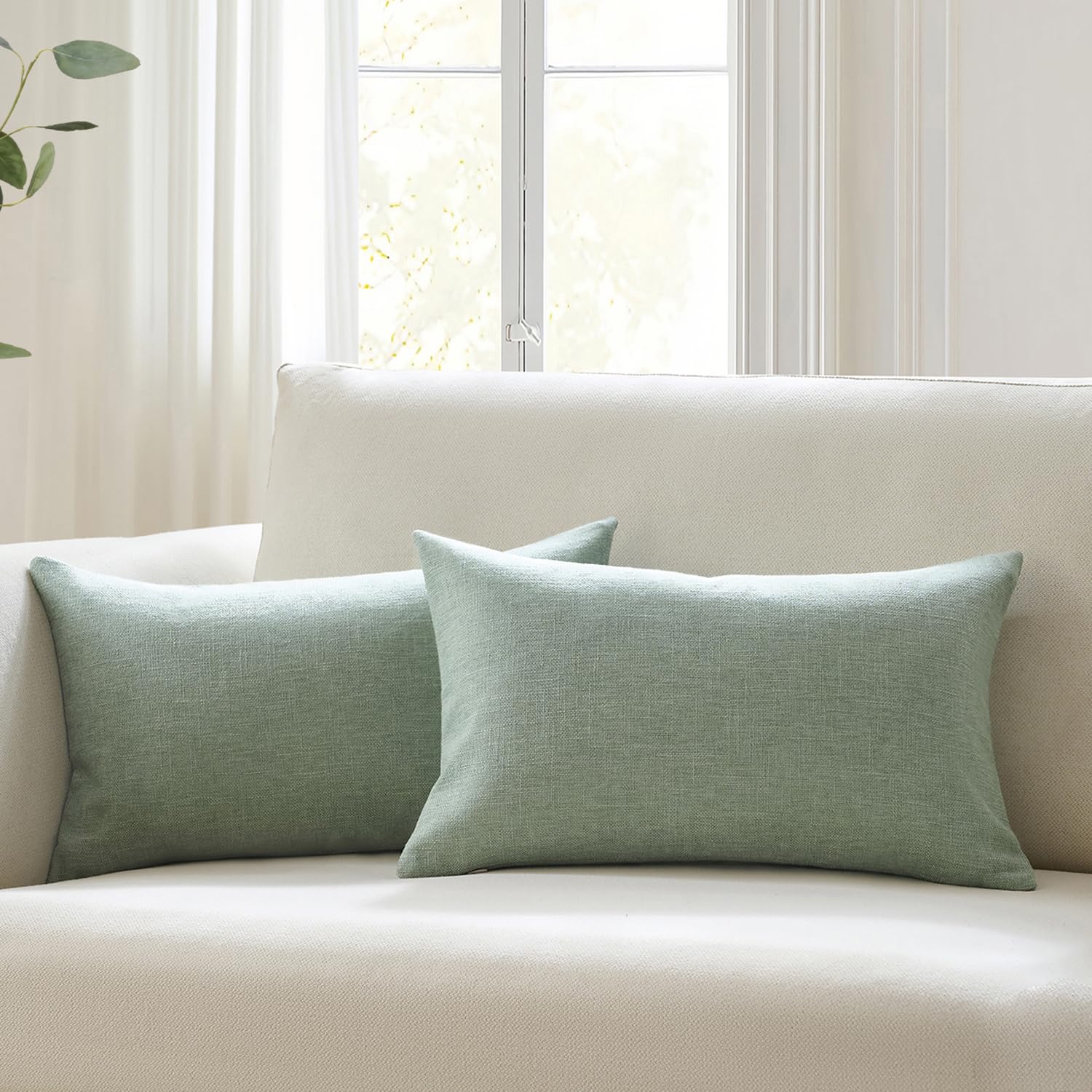 Meekio Set of 2 Ivory Throw Pillow Covers 22x22, Modern Farmhouse Linen Blend Decorative Pillow Covers for Couch Sofa Bed, Neutral Home Decor
