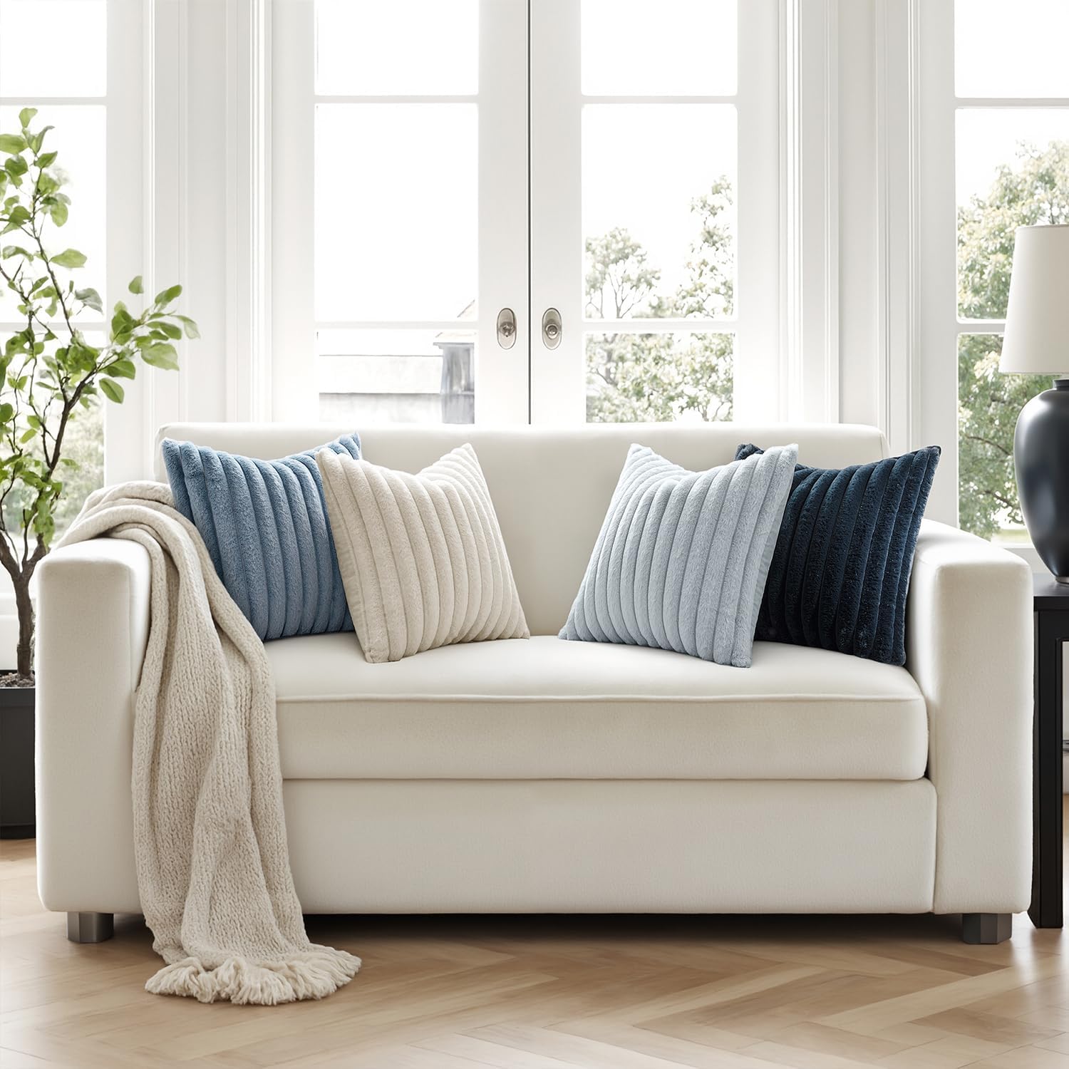 MIULEE Faux Fur Plush Decorative Throw Pillow Covers 18x18 Set of 4, Summer Modern Soft Fuzzy Coastal Striped Cushion Covers for Sofa Couch Bed Living Room Cozy Home Decor,Navy Blue
