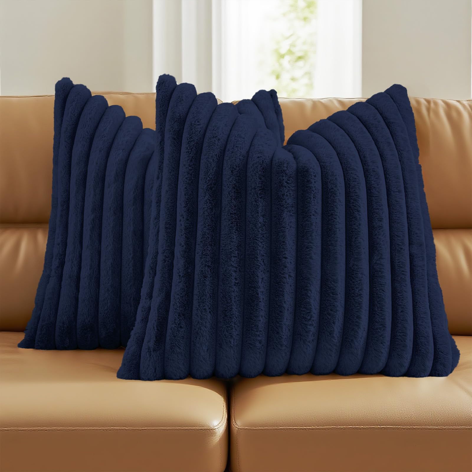 FUTEI Pack of 2 Solid Faux Fur Plush Throw Pillow Covers 18x18 Inch Soft Fluffy Striped Decorative Cushion Cases Modern Farmhouse Accent for Couch Bed Living Room, Cream White