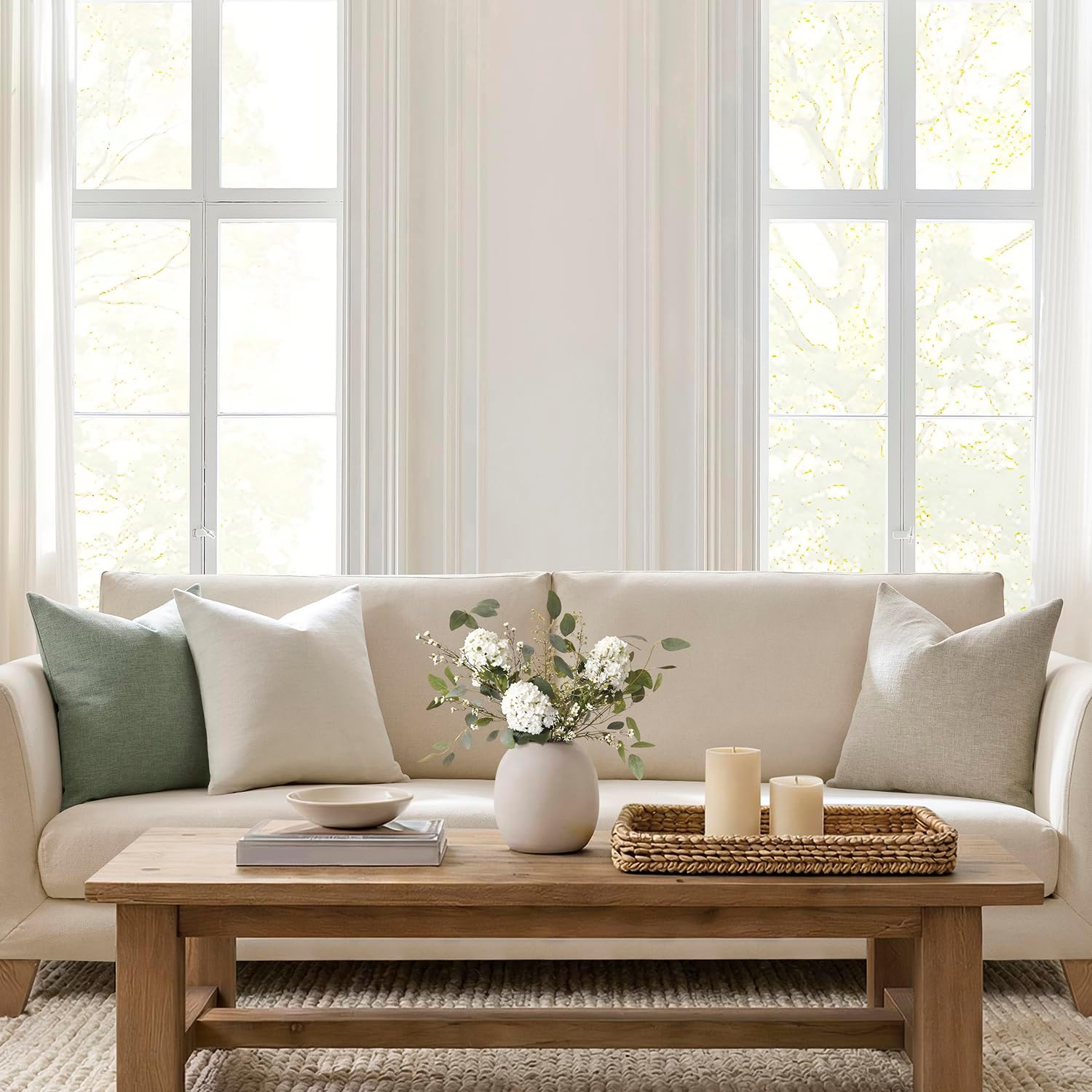 Meekio Set of 2 Ivory Throw Pillow Covers 22x22, Modern Farmhouse Linen Blend Decorative Pillow Covers for Couch Sofa Bed, Neutral Home Decor