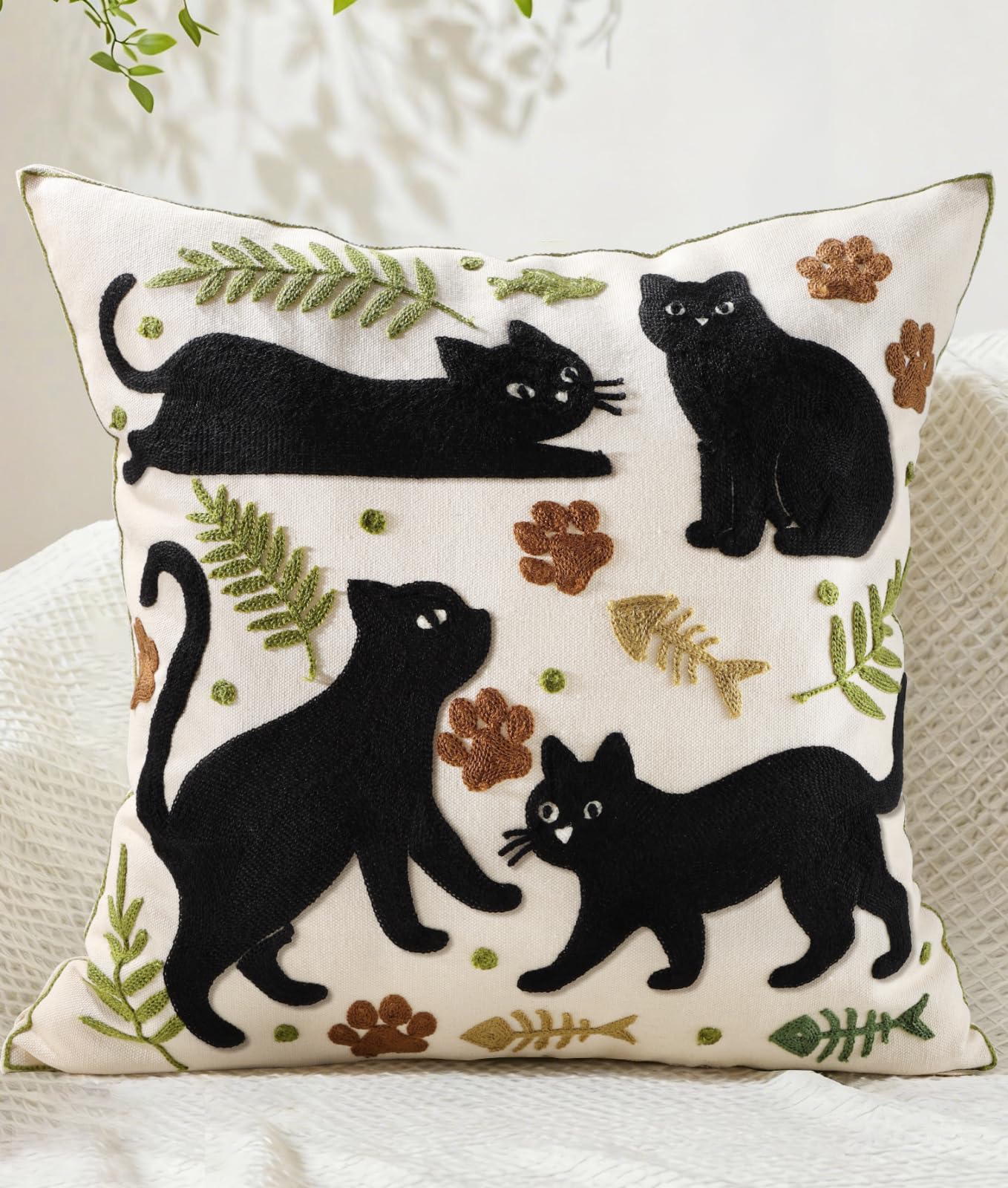 Embroidered Throw Pillow Cover 18x18 Inch - Spring Boho Decorative Pillow Covers with Zipper for Couch Sofa Bedroom Living Room Cushion Pillowcase, Birds Leaves