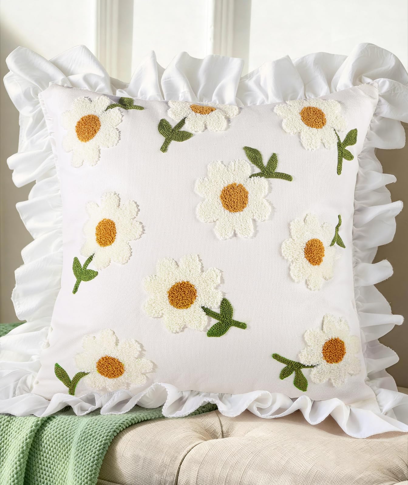 Embroidered Throw Pillow Cover - 18x18 Decorative Pillow Cover with Zipper Aesthetic Cute Design Boho Spring Summer Throw Pillowcase for Living Room Couch Sofa Bed, Flower Cats