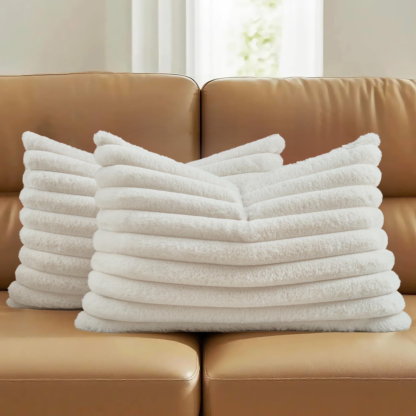FUTEI Pack of 2 Solid Faux Fur Plush Throw Pillow Covers 18x18 Inch Soft Fluffy Striped Decorative Cushion Cases Modern Farmhouse Accent for Couch Bed Living Room, Cream White
