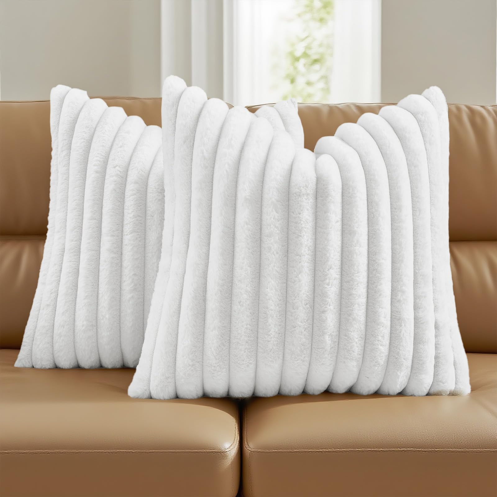 FUTEI Pack of 2 Solid Faux Fur Plush Throw Pillow Covers 18x18 Inch Soft Fluffy Striped Decorative Cushion Cases Modern Farmhouse Accent for Couch Bed Living Room, Cream White