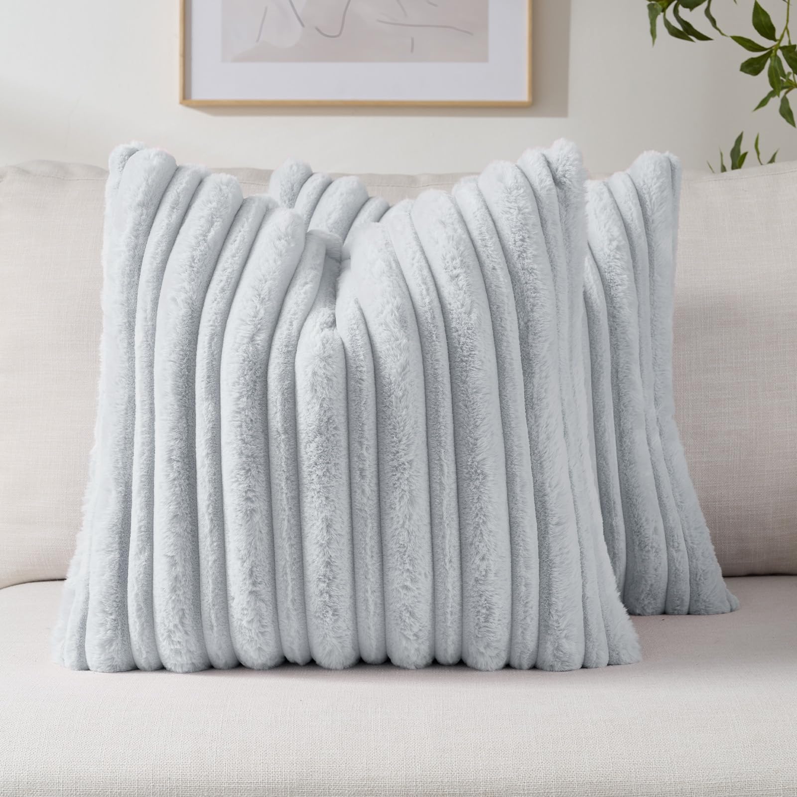 FUTEI Camel Decorative Throw Pillow Covers 18x18 Inch Set of 2,Soft Fluffy Faux Rabbit Fur Thick & Thin Striped Textured Cushion Case,Modern Home Decor for Couch Bed Living Room